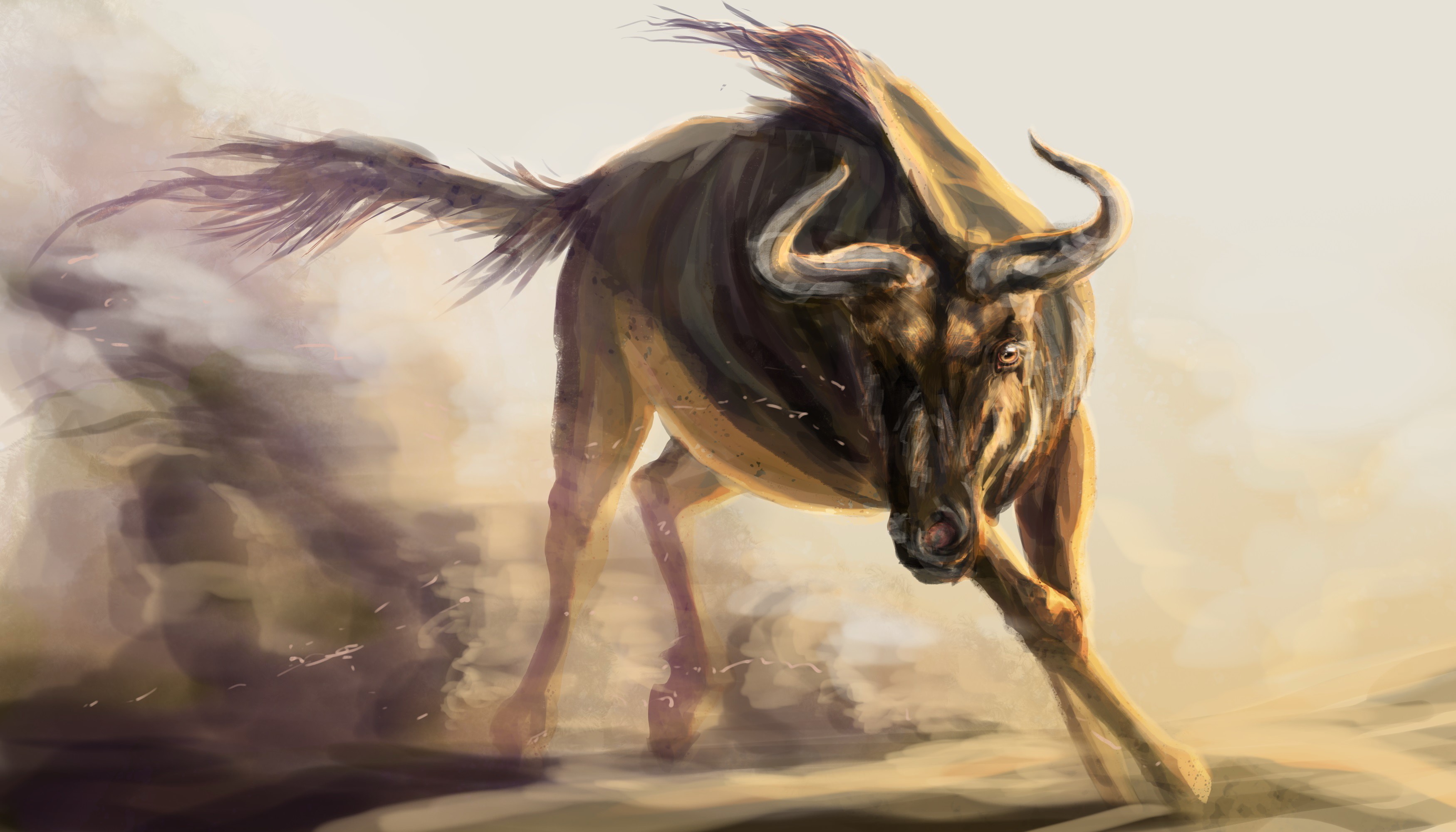Wildebeest running through dust, digital painting HD Wallpaper