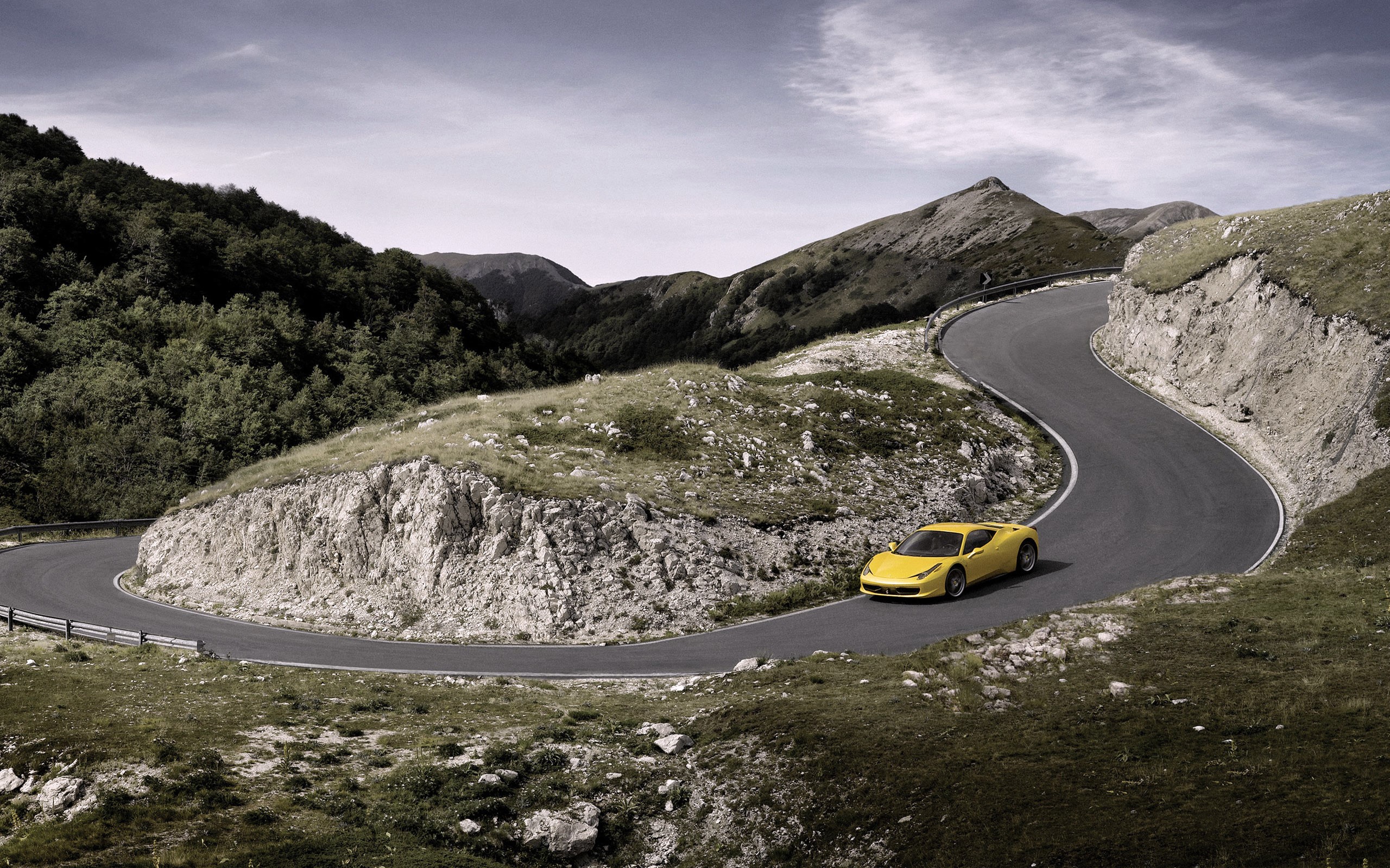 Yellow Ferrari 458 Italia on a Mountain Road HD Wallpaper