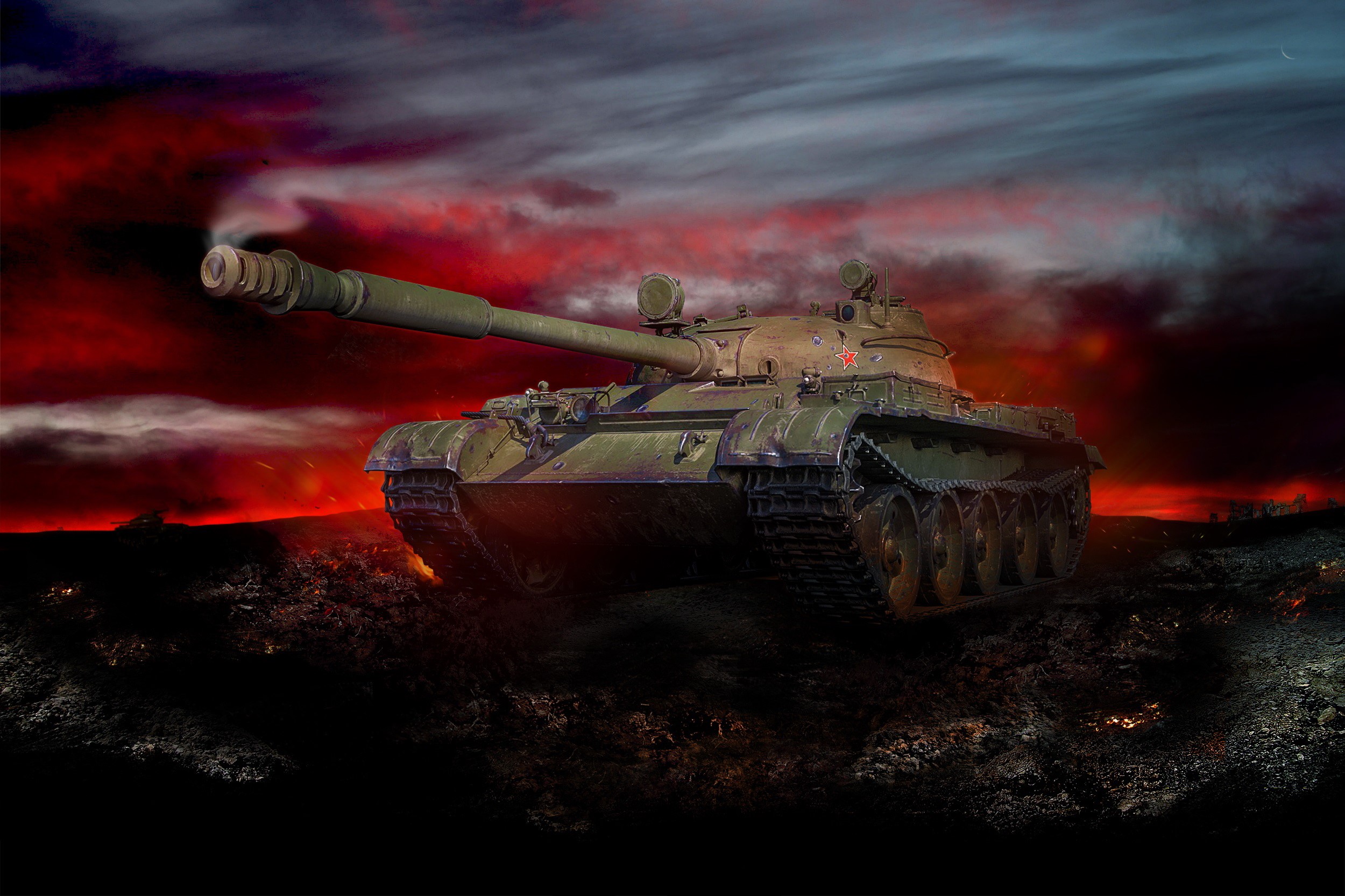 Soviet tank in a fiery landscape HD Wallpaper