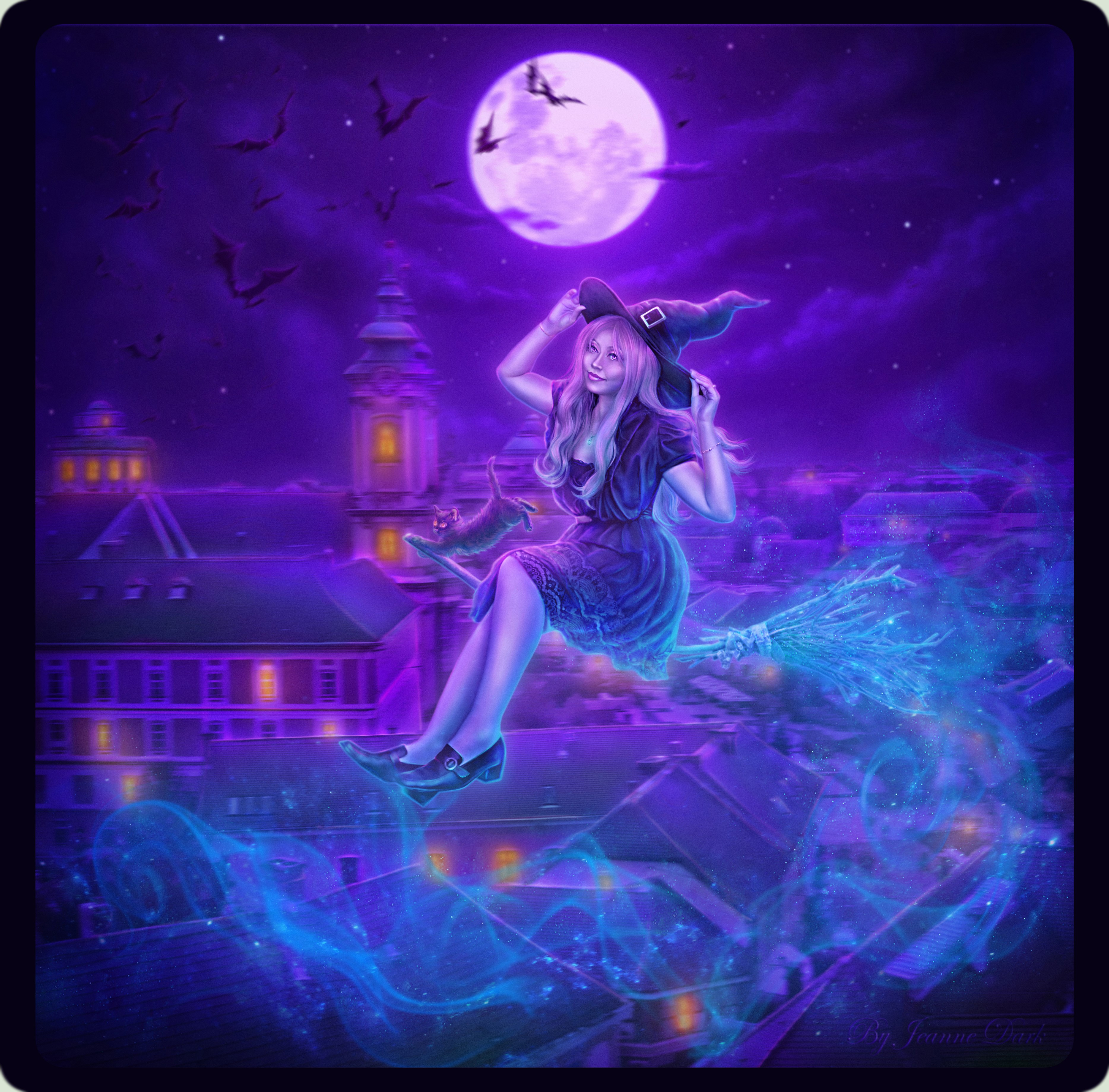 Witch flying on a broomstick over a city at night HD Wallpaper