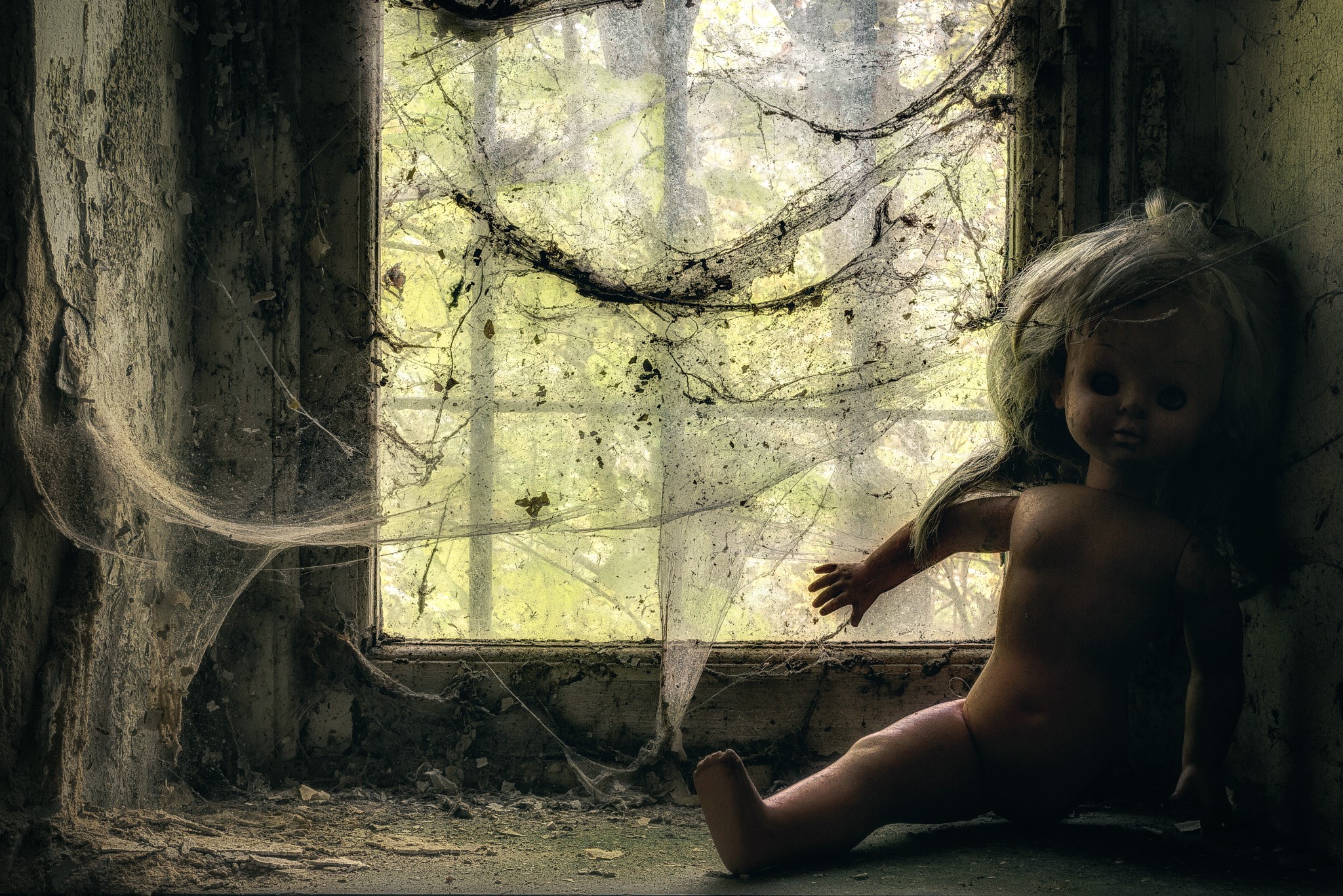 Doll in a spiderweb-covered window HD Wallpaper