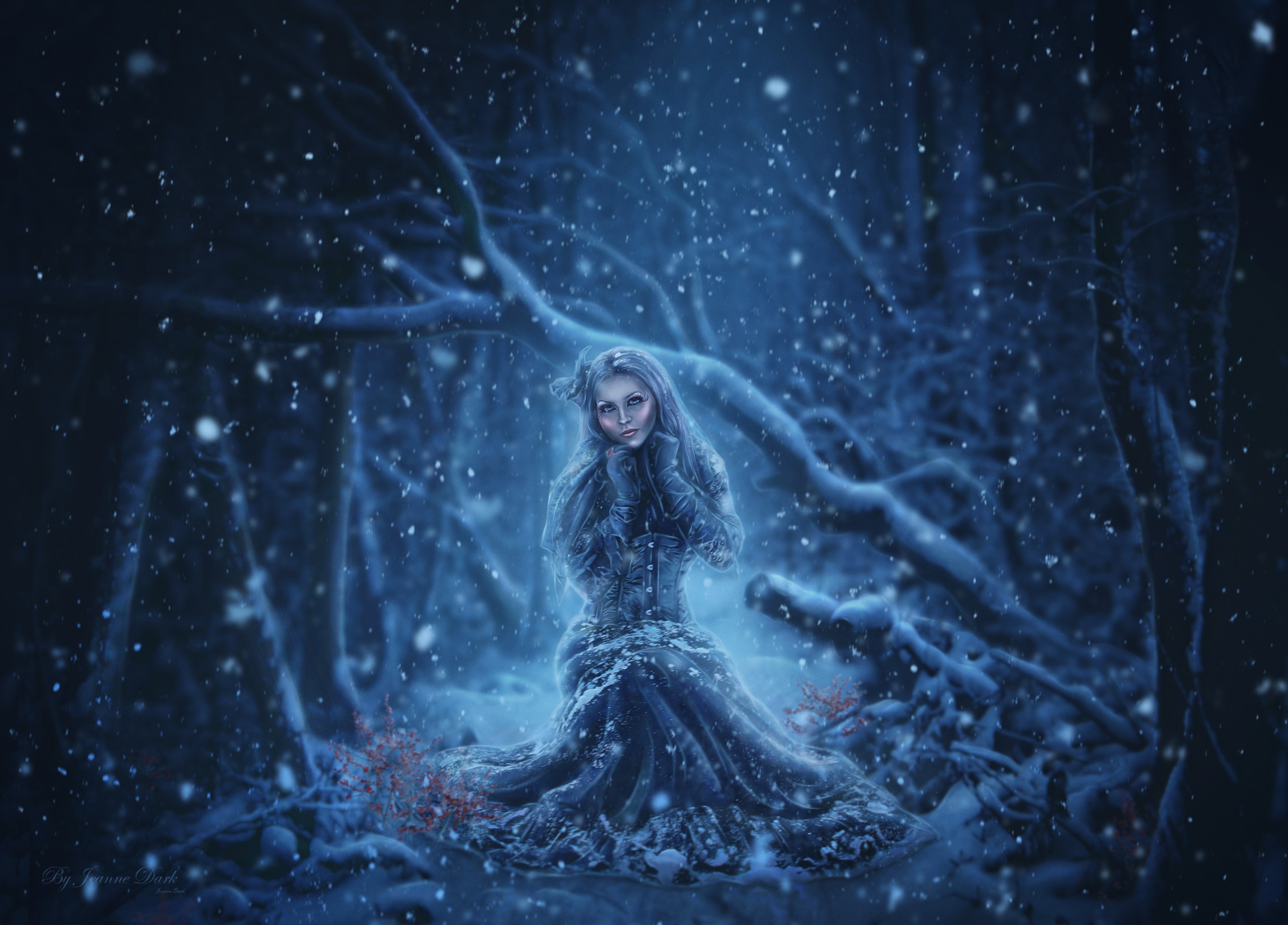 Woman in a blue dress in a snowy forest HD Wallpaper