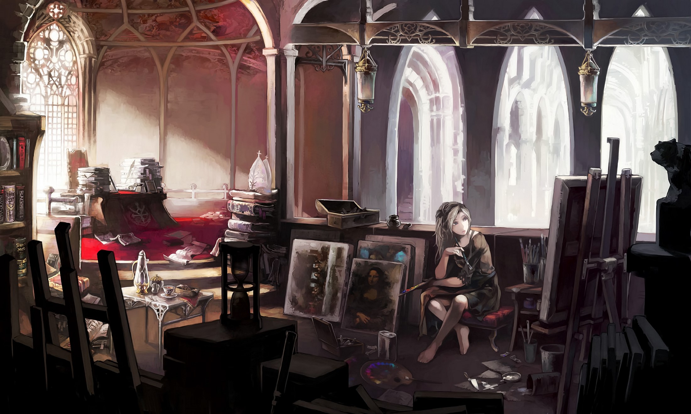 Girl painting in a gothic art studio HD Wallpaper