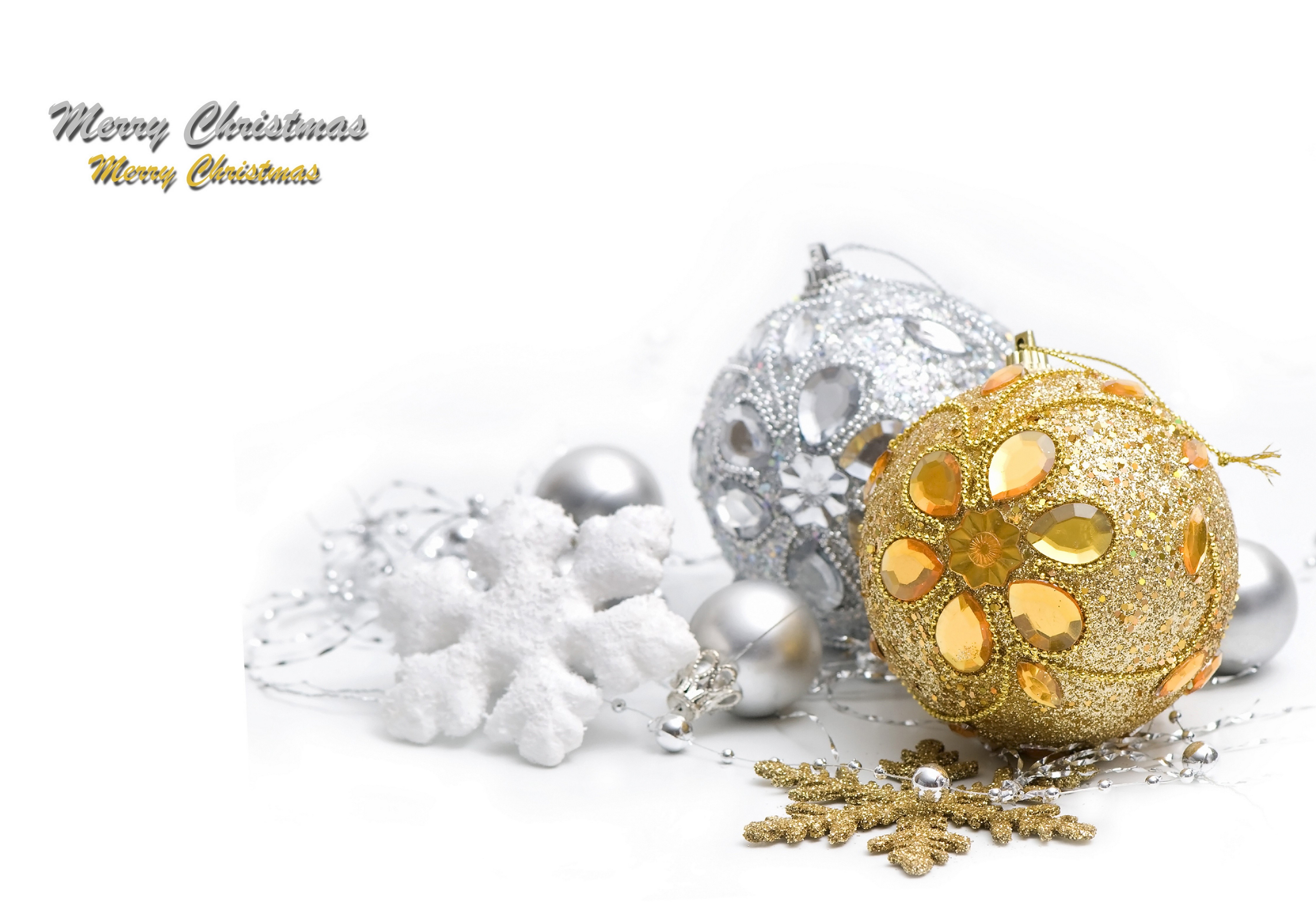 Christmas ornaments and snowflakes with Merry Christmas text HD Wallpaper