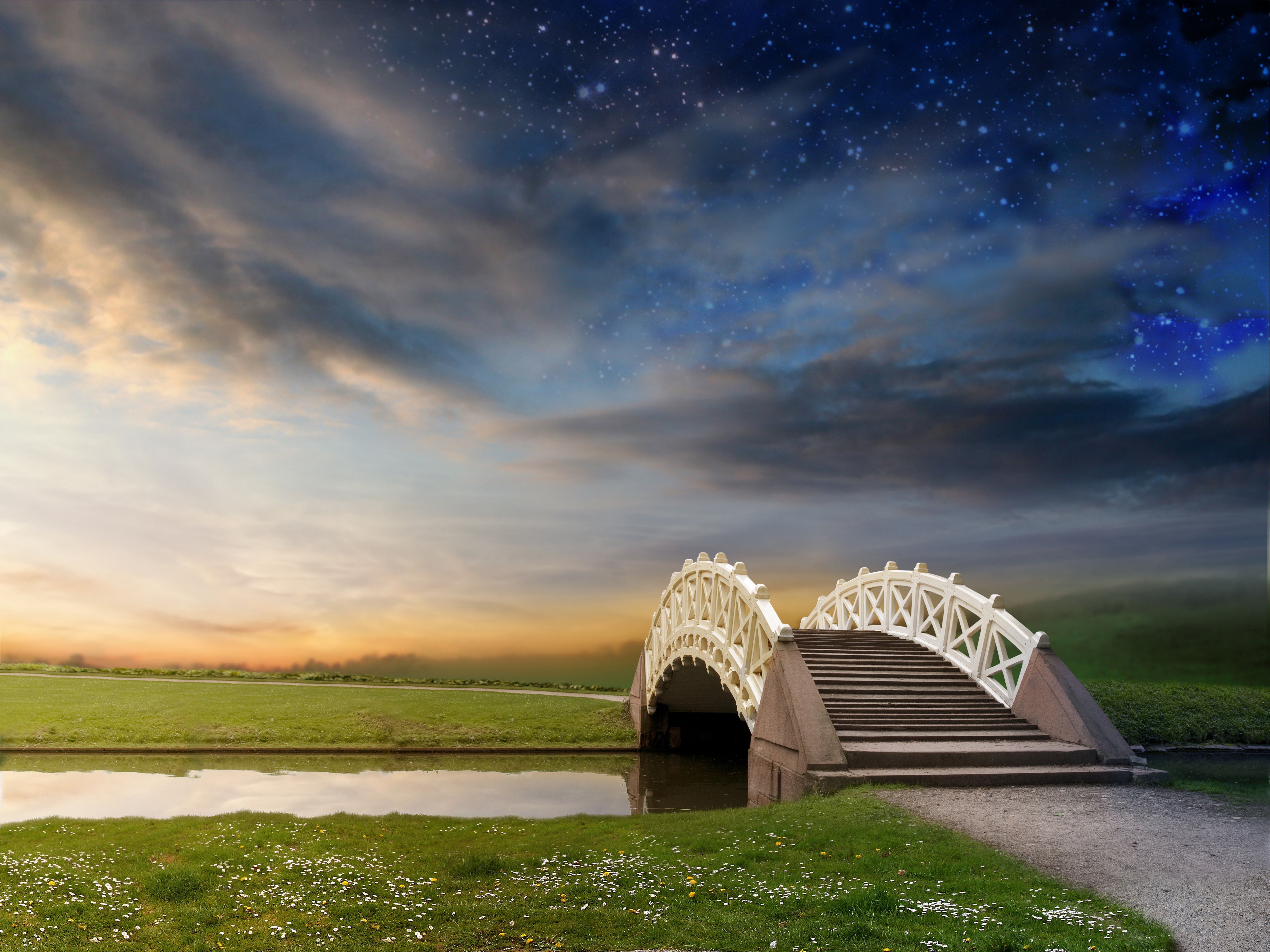 White bridge over a river with a starry sky HD Wallpaper