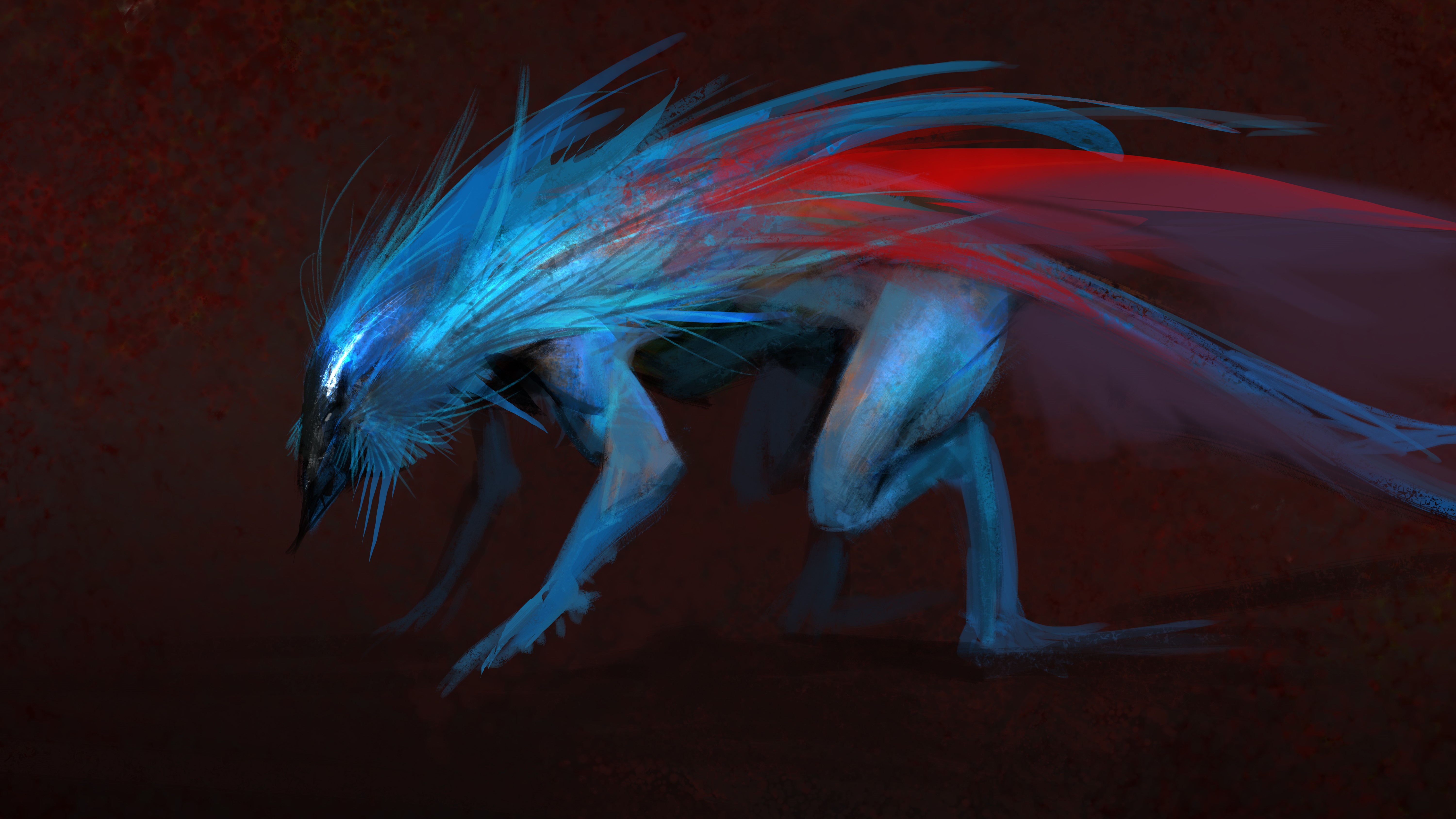 Blue and red monster with sharp features HD Wallpaper