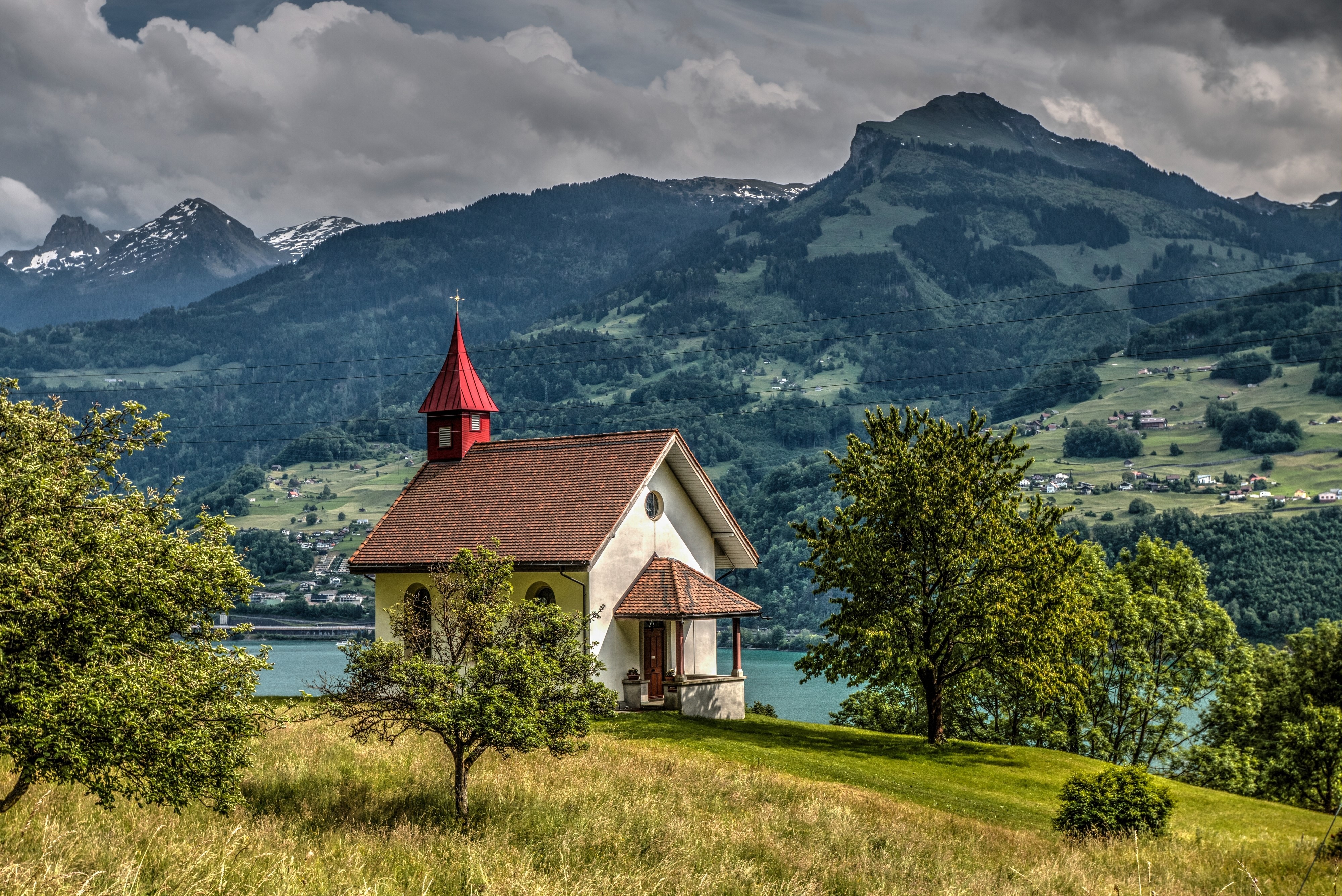 Chapel Vorderbethlis Lake Walensee Switzerland Alps Mountains HD Wallpaper