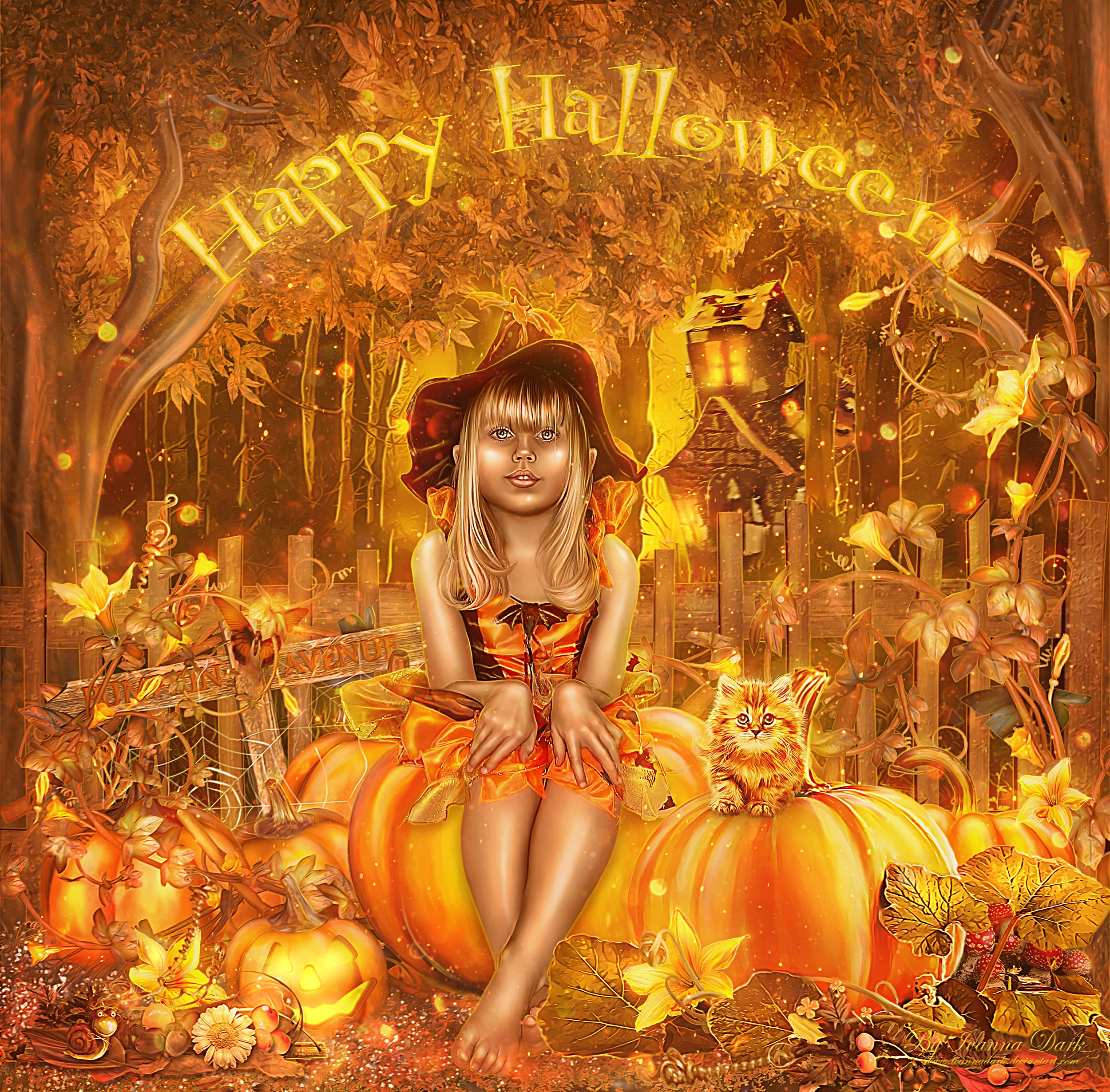 Girl in Witch Hat with Kitten and Pumpkins for Halloween HD Wallpaper