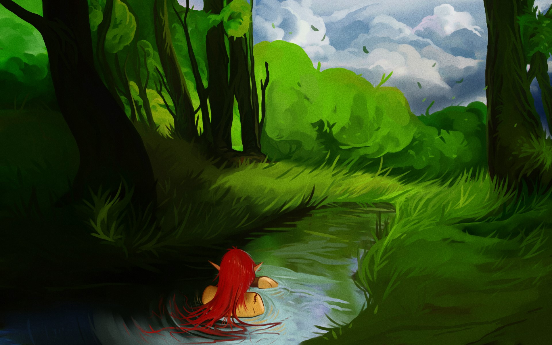 Elf bathing in a forest pond HD Wallpaper