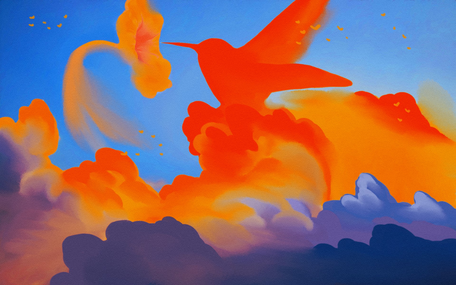 Orange hummingbird flying through fiery clouds HD Wallpaper