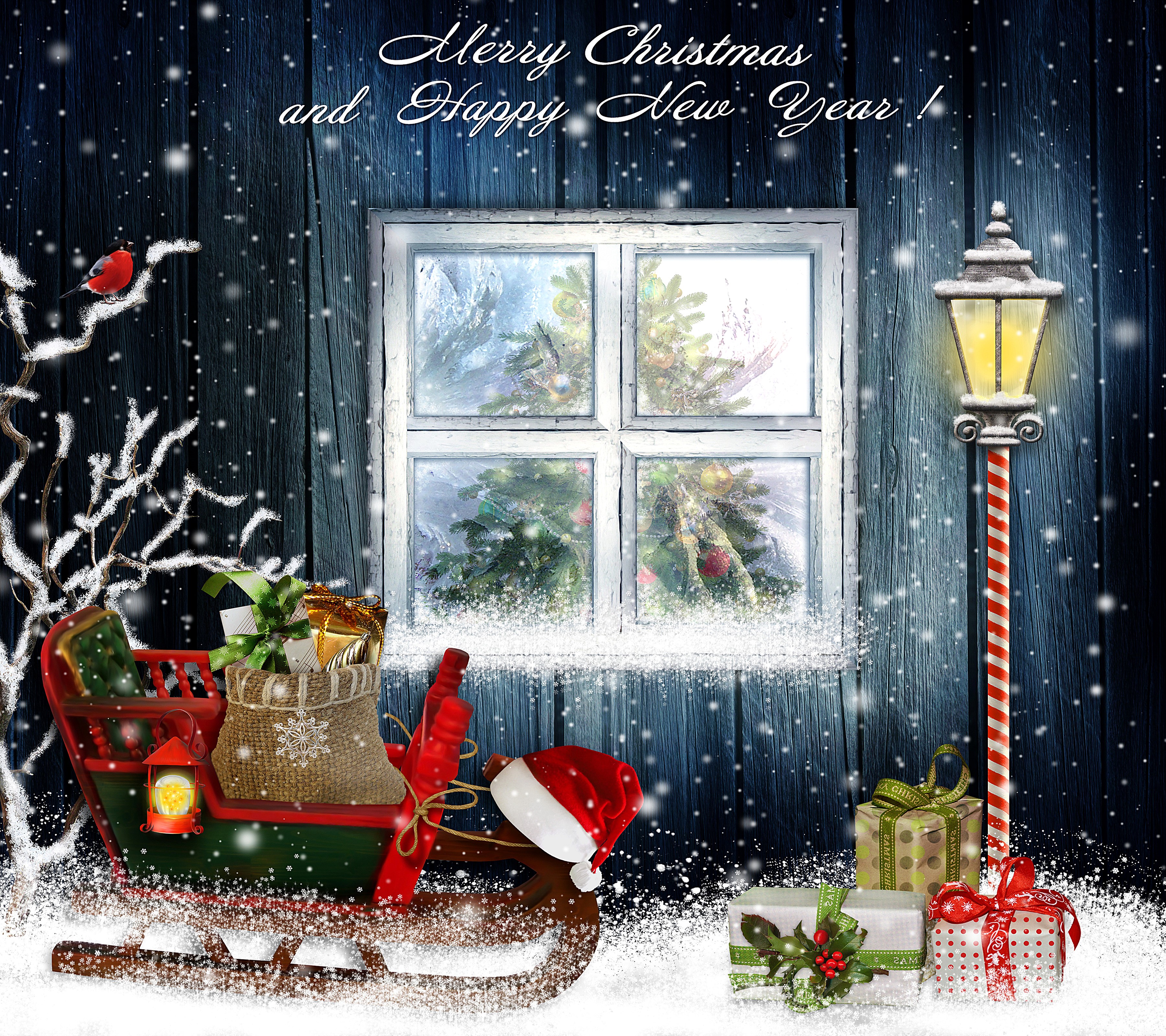 Christmas Sleigh with Gifts and Snowy Window HD Wallpaper