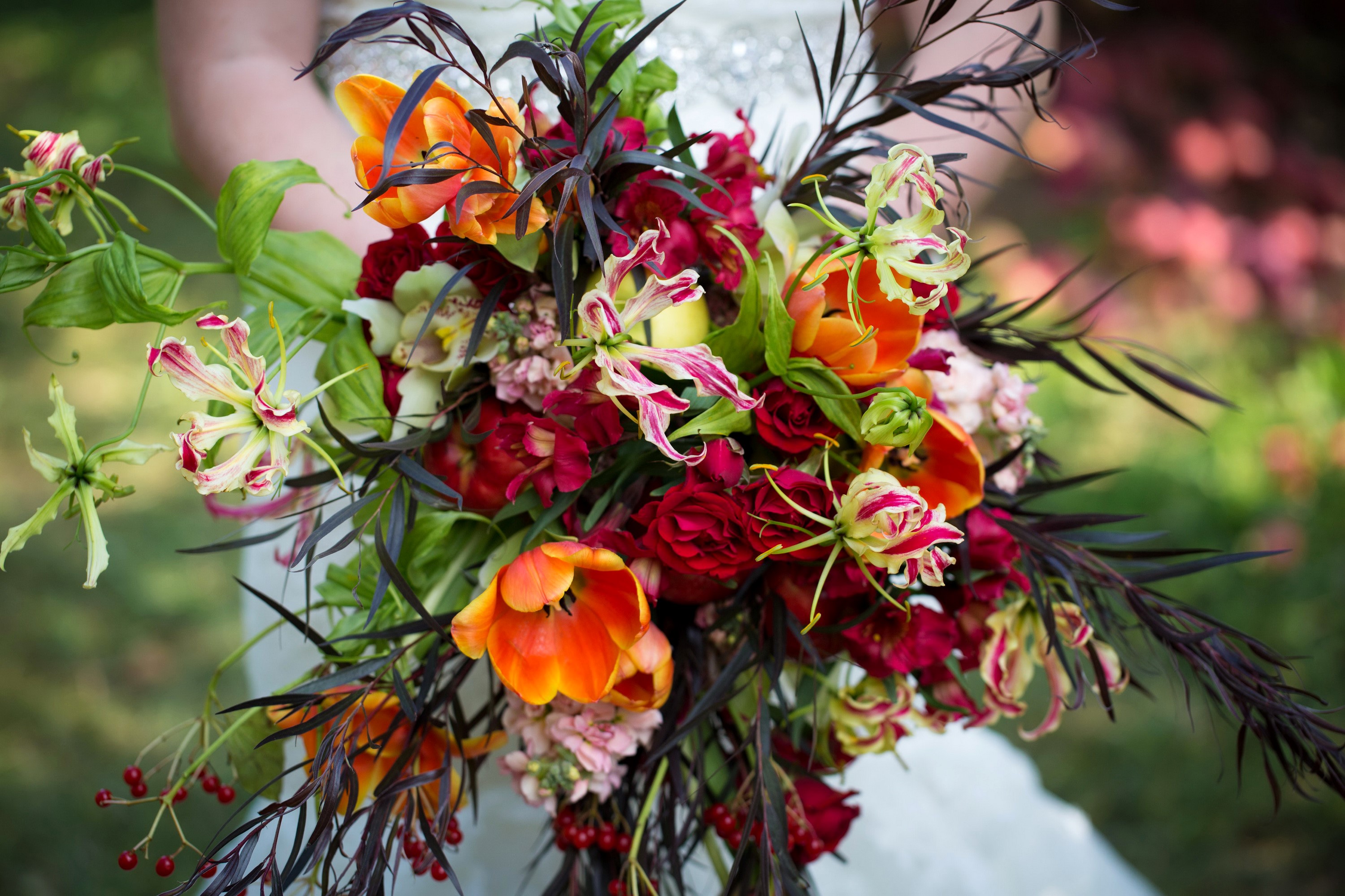 Wedding bouquet with tulips, roses, and orchids HD Wallpaper