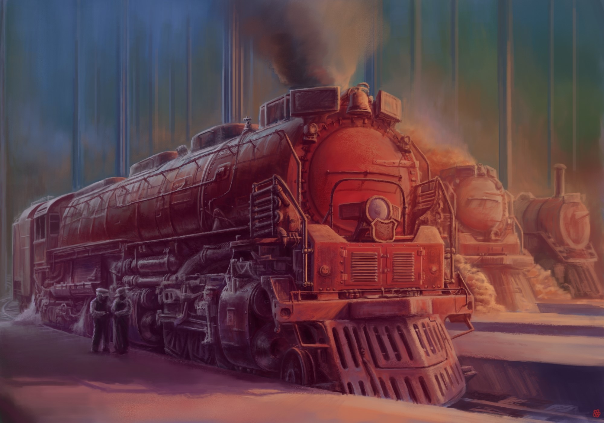 Fantasy steam locomotives at a station HD Wallpaper