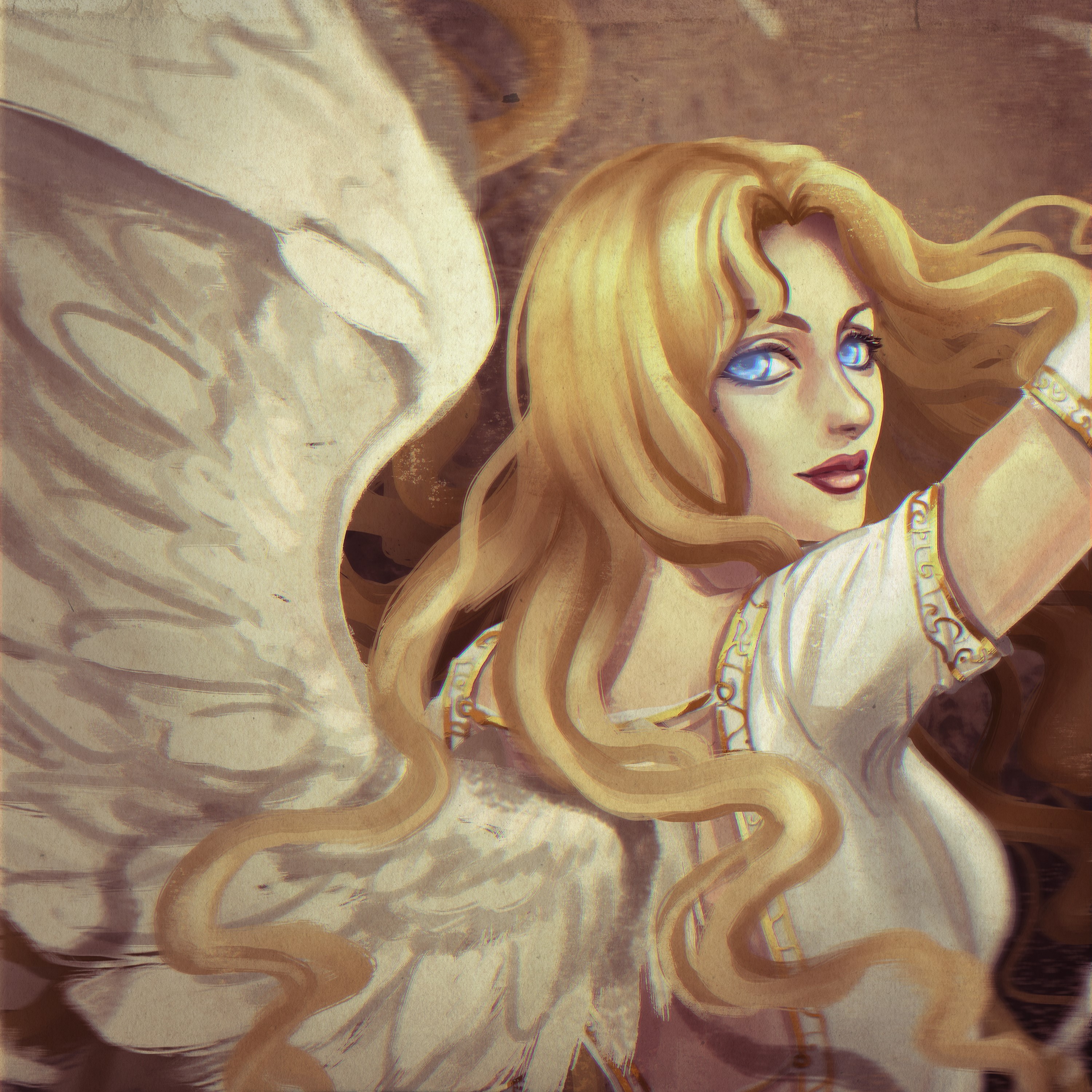 Blonde angel with blue eyes and white wings HD Wallpaper