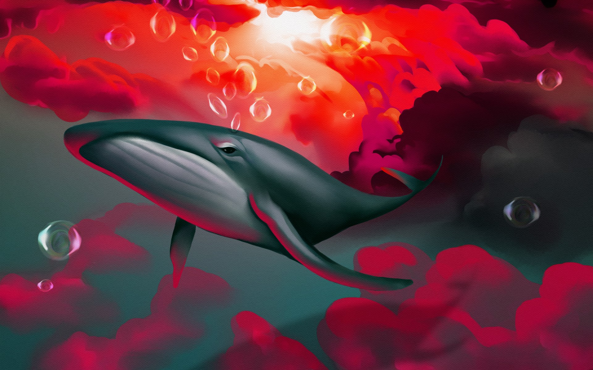 Whale swimming through surreal red clouds HD Wallpaper