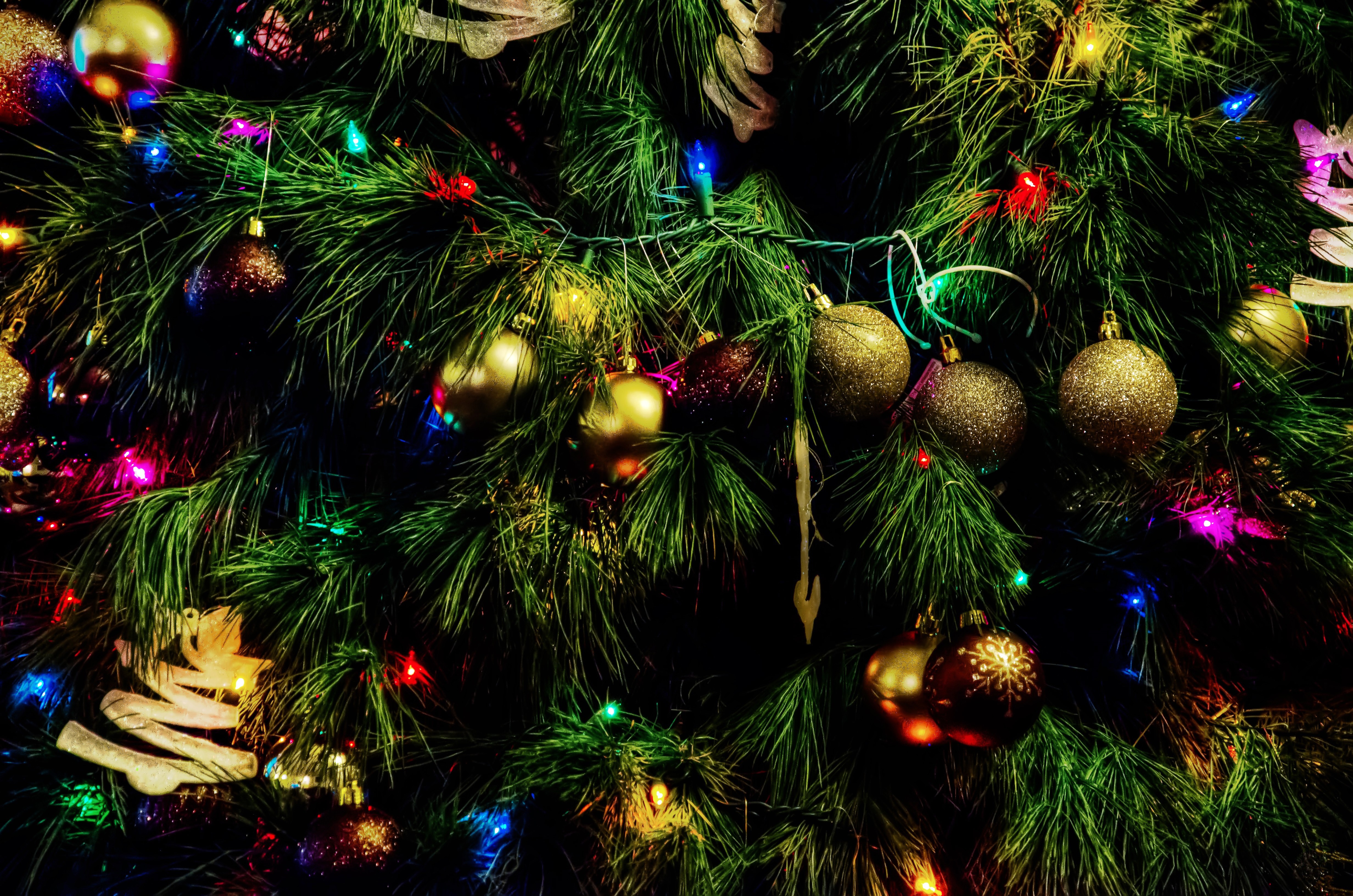 Christmas tree with ornaments and lights HD Wallpaper