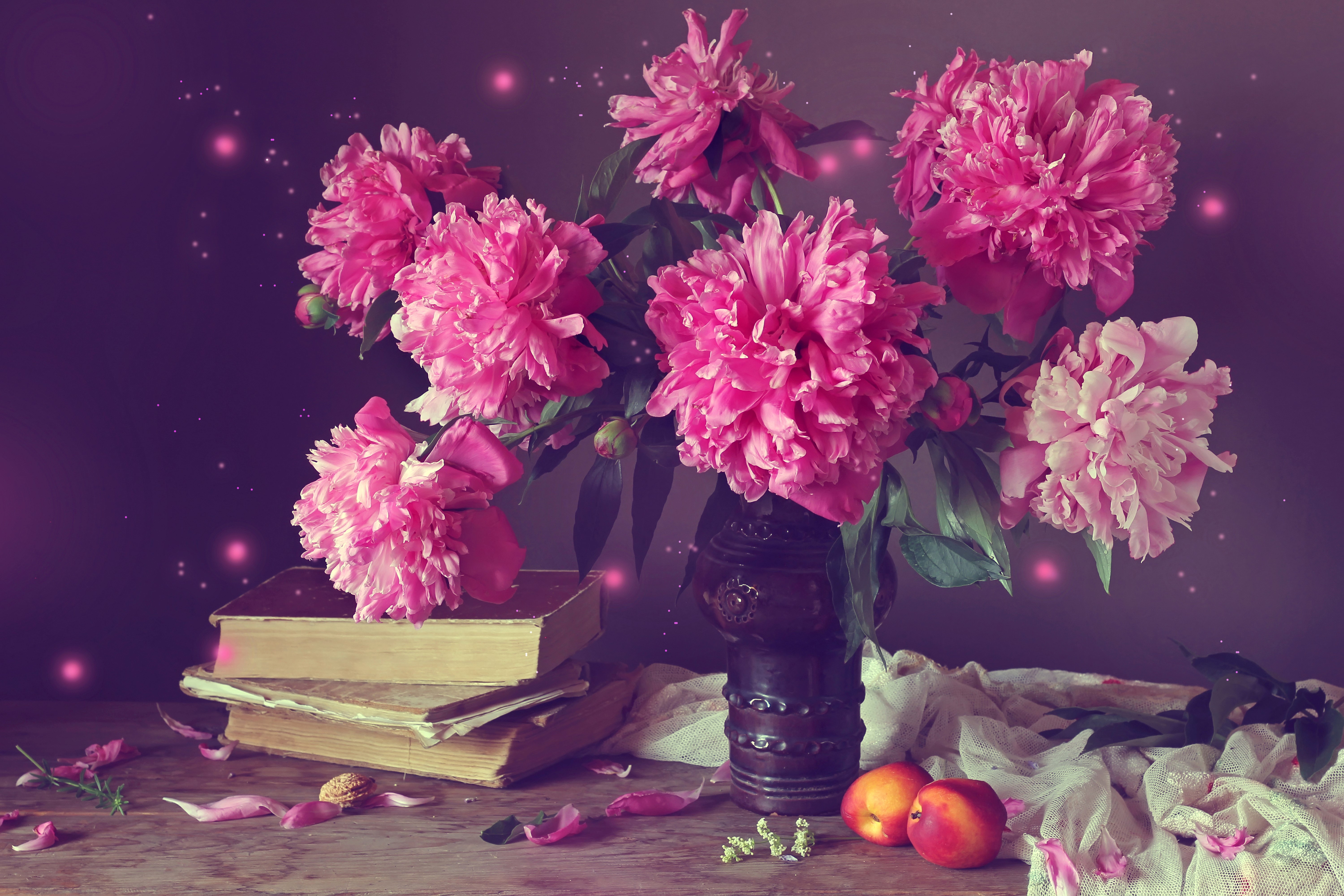 Still-life of Peonies, Peaches, and Books HD Wallpaper