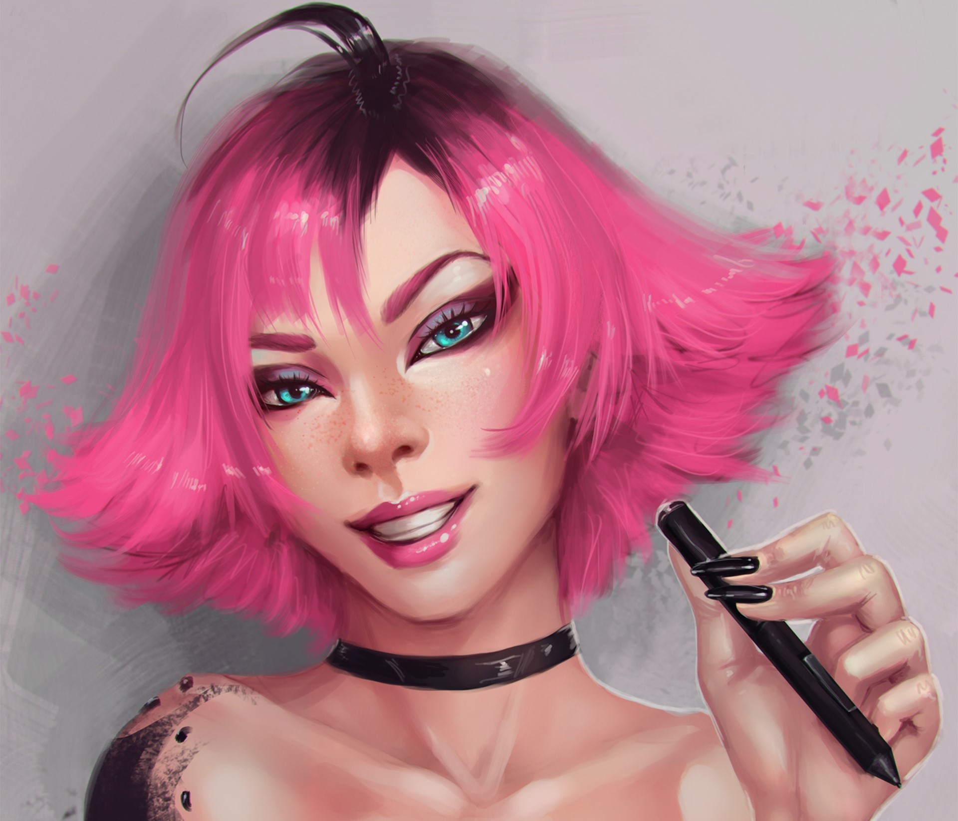 Painting of a woman with pink hair holding a stylus HD Wallpaper