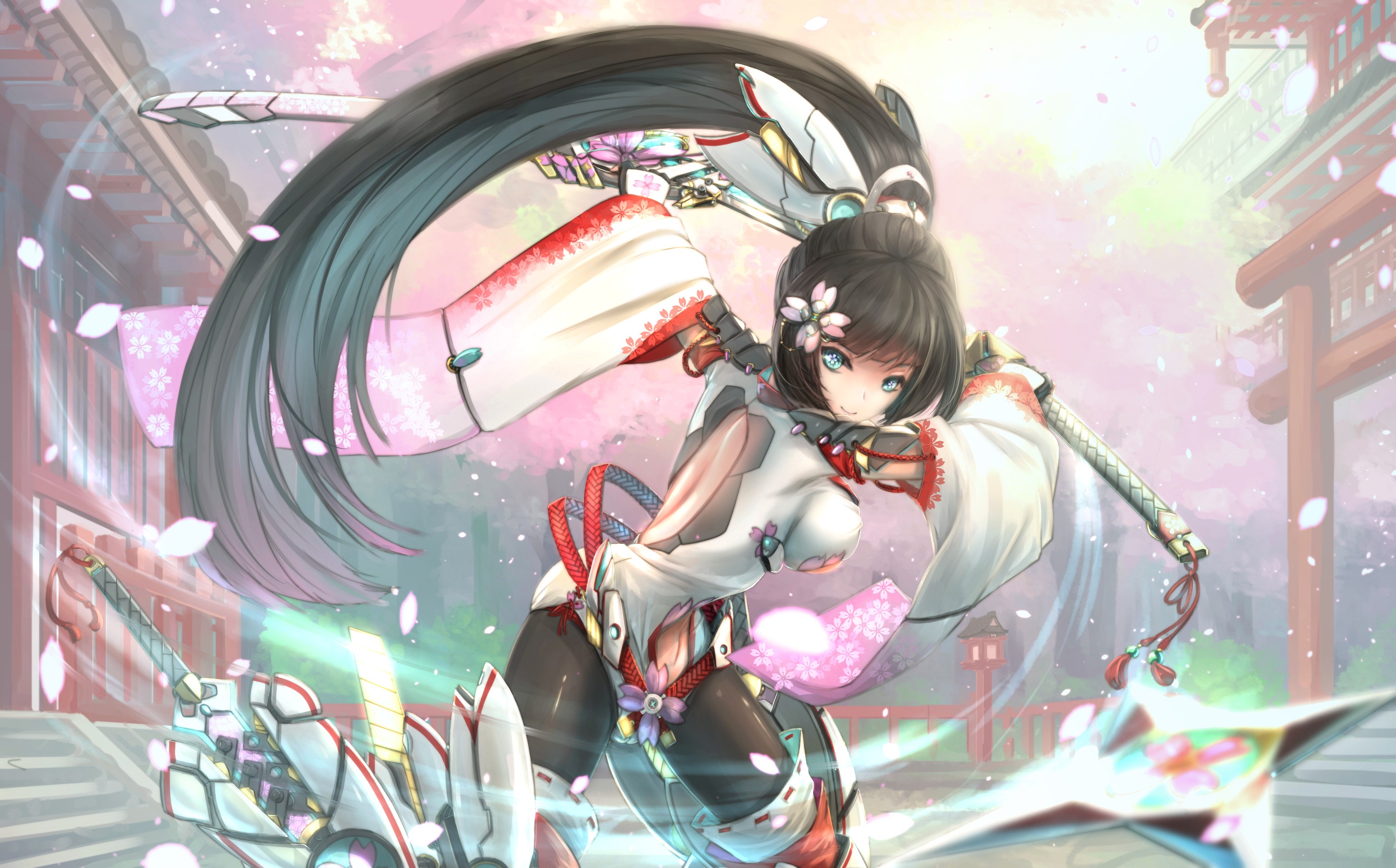 Kikivi with swords in a Japanese setting HD Wallpaper