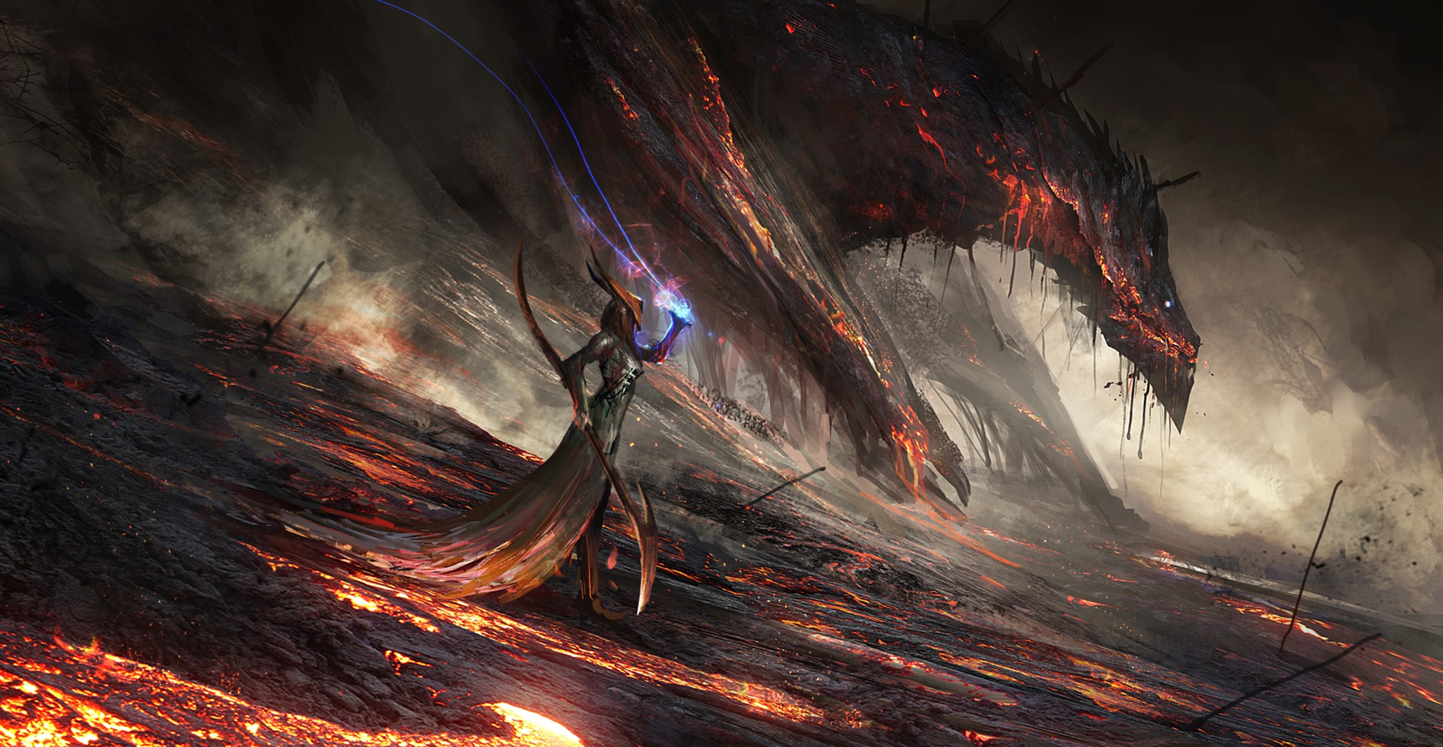 Sorceress casting magic at a lava dragon HD Wallpaper