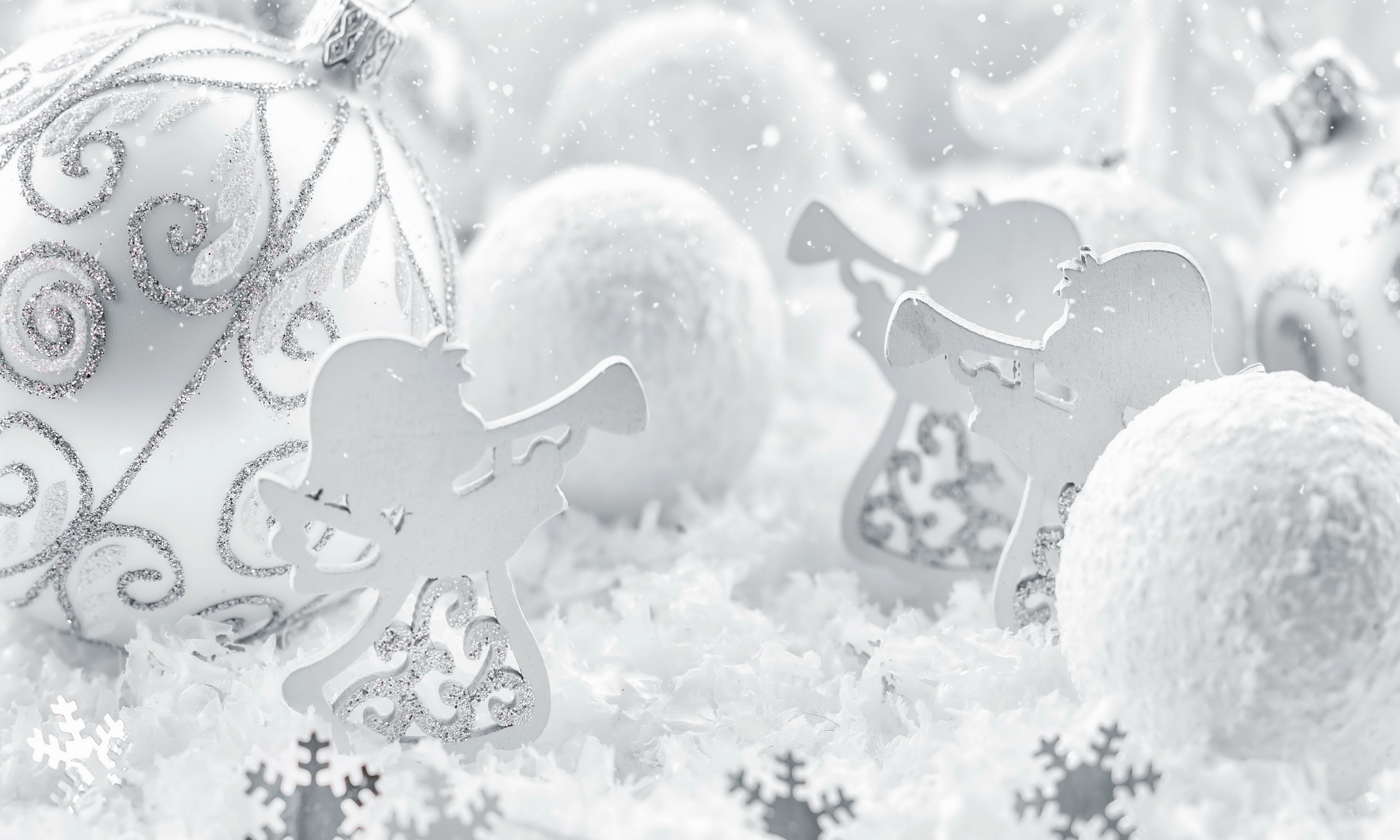 Christmas ornaments and angels in snow HD Wallpaper