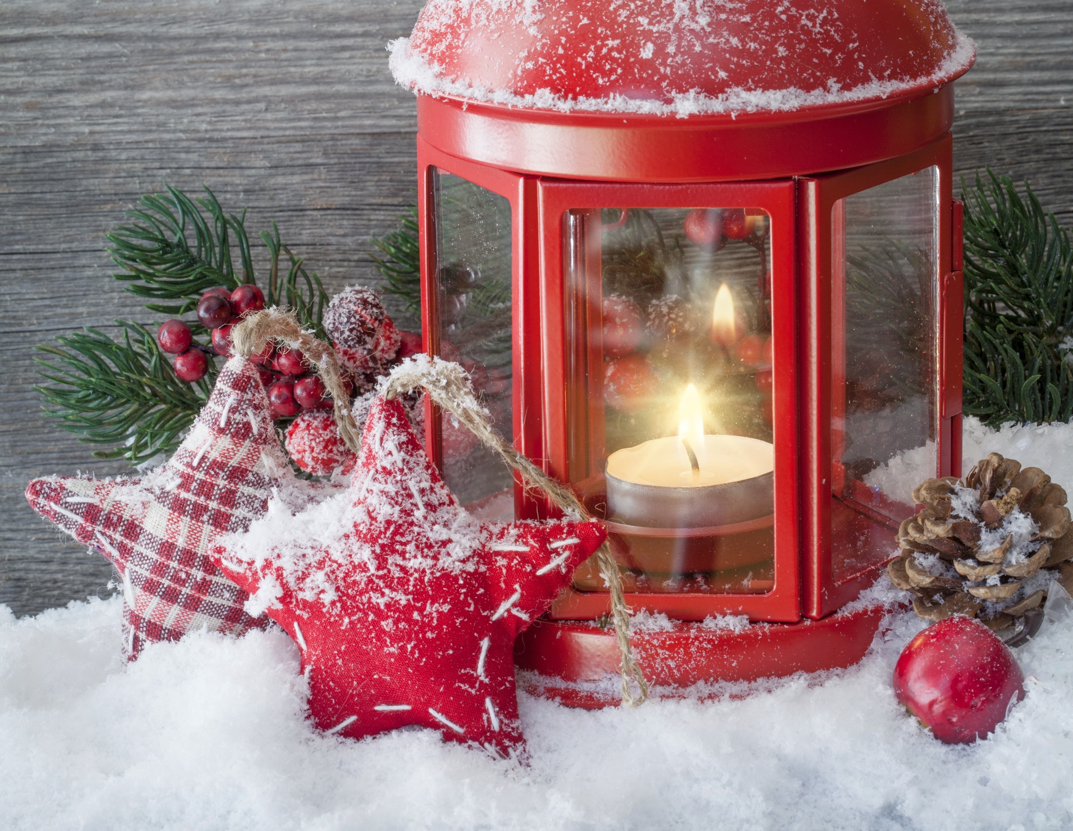 Christmas lantern with candle and ornaments HD Wallpaper