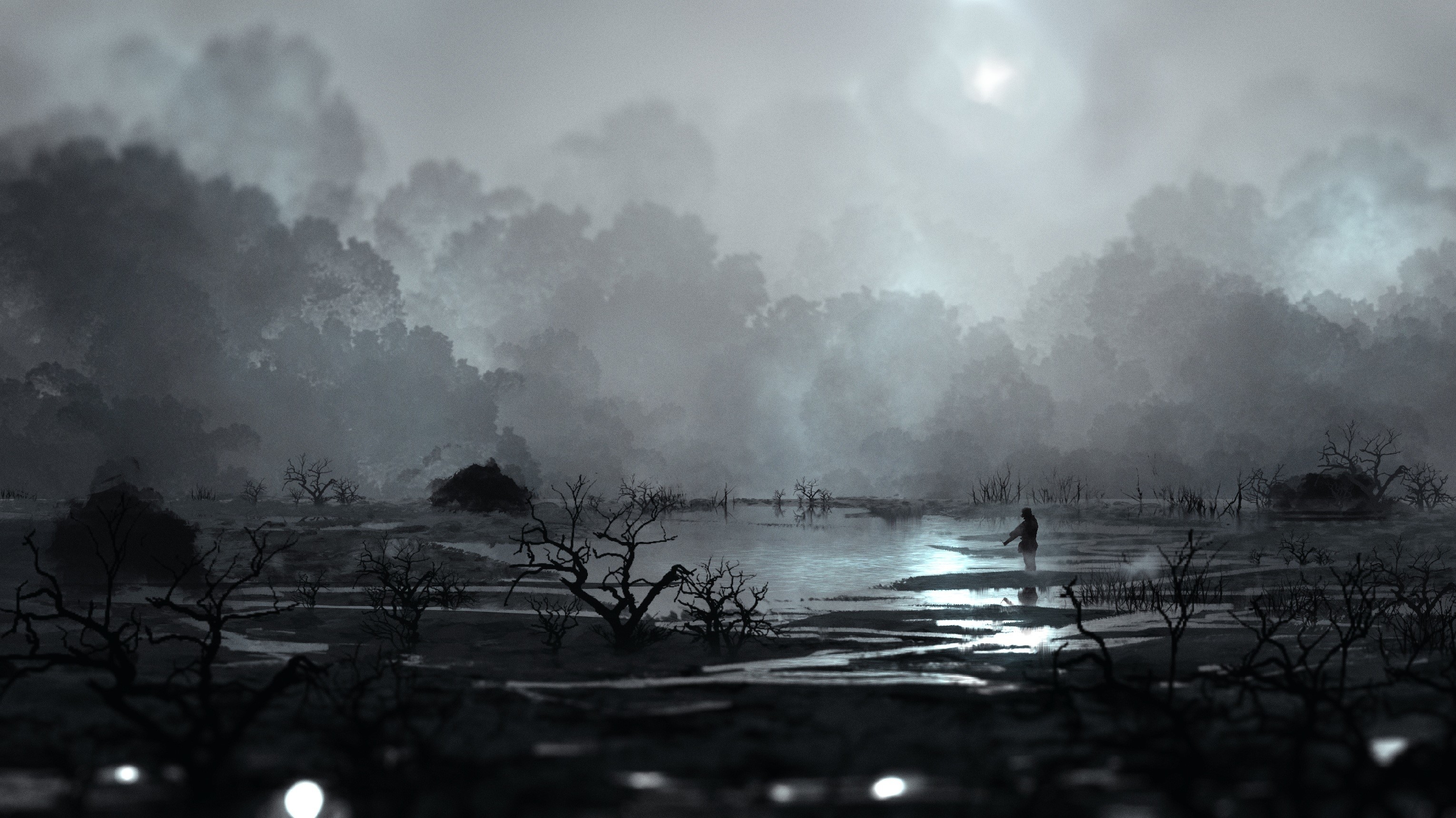 Person in a misty swamp with dead trees HD Wallpaper