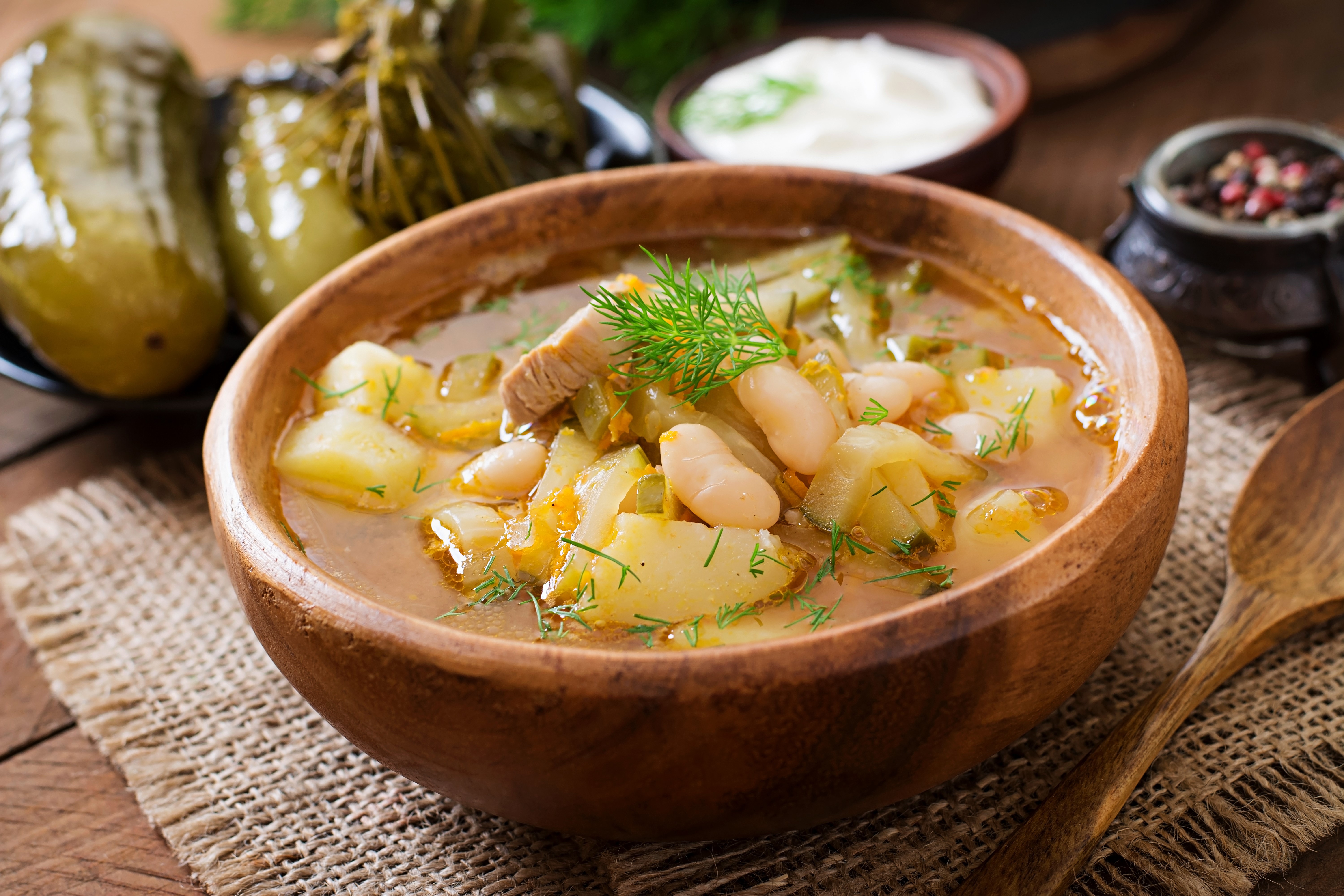 Bowl of soup with pickles and sour cream HD Wallpaper