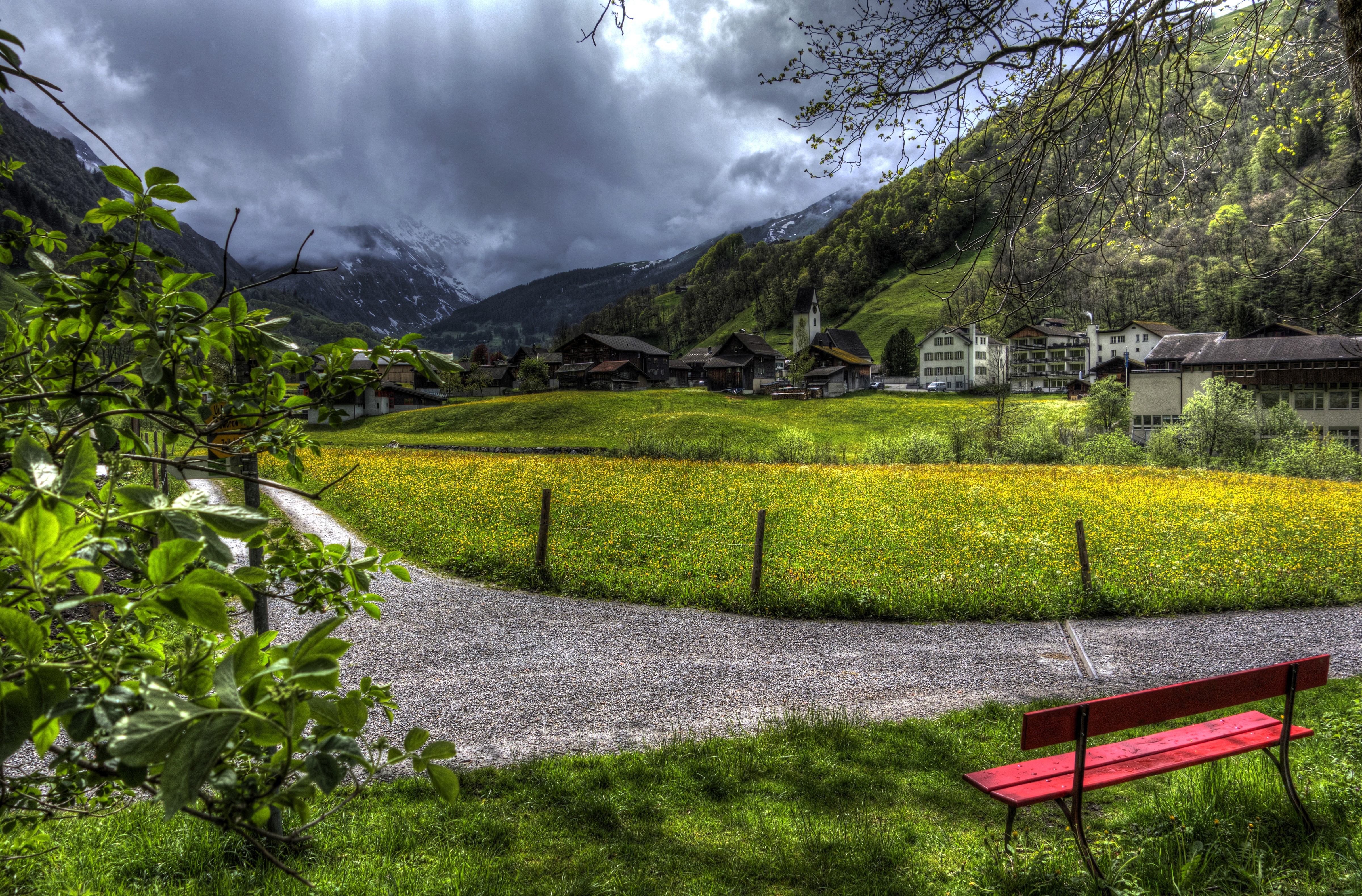 4K Switzerland Village with Mountains and Meadow HD Wallpaper