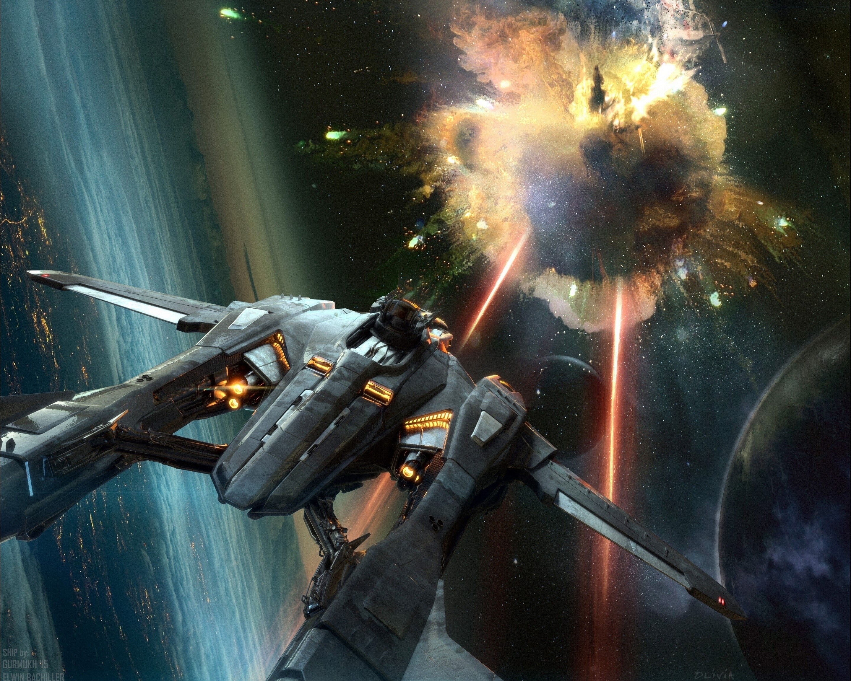 Spaceship firing lasers during an explosion in space HD Wallpaper
