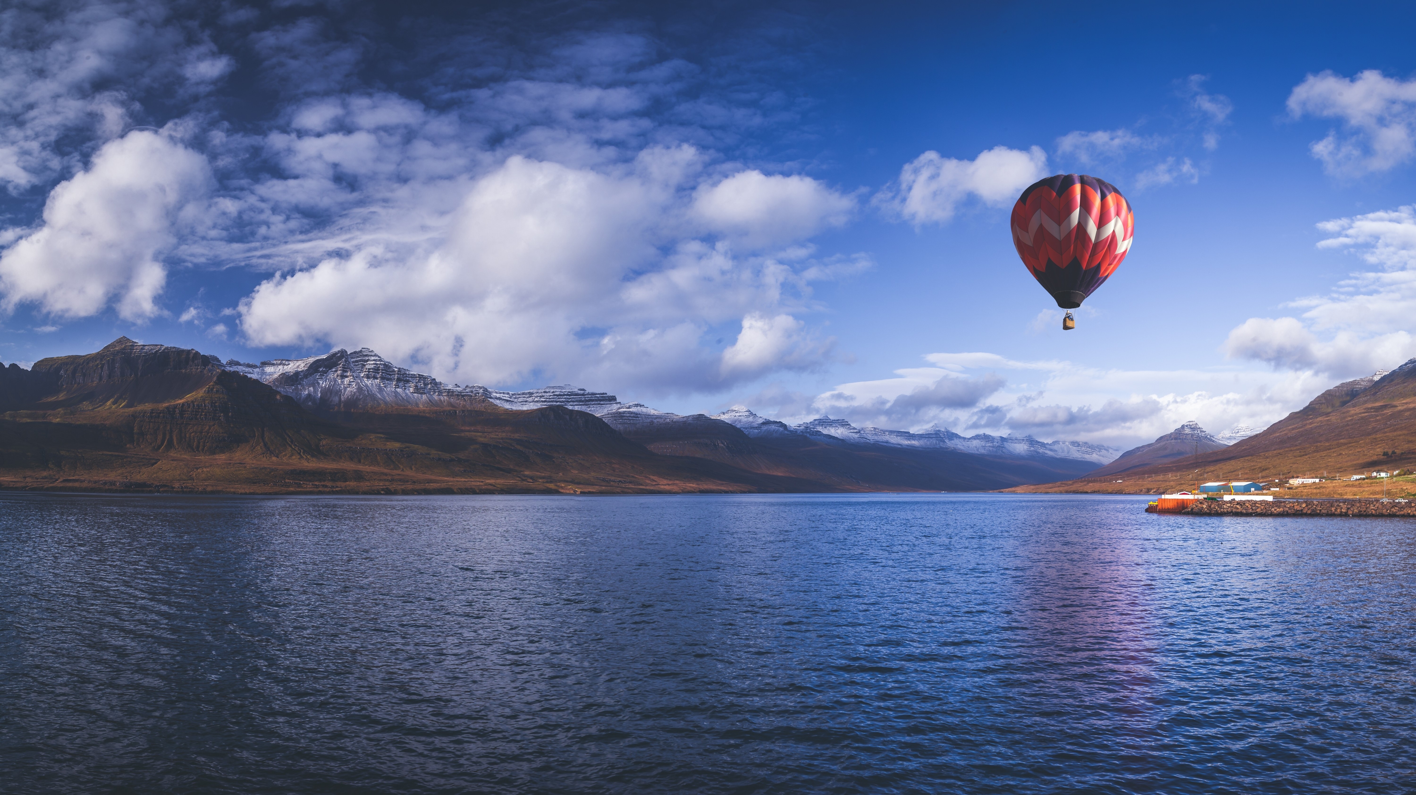 Hot air balloon over Reydarfjordur Bay, Iceland HD Wallpaper