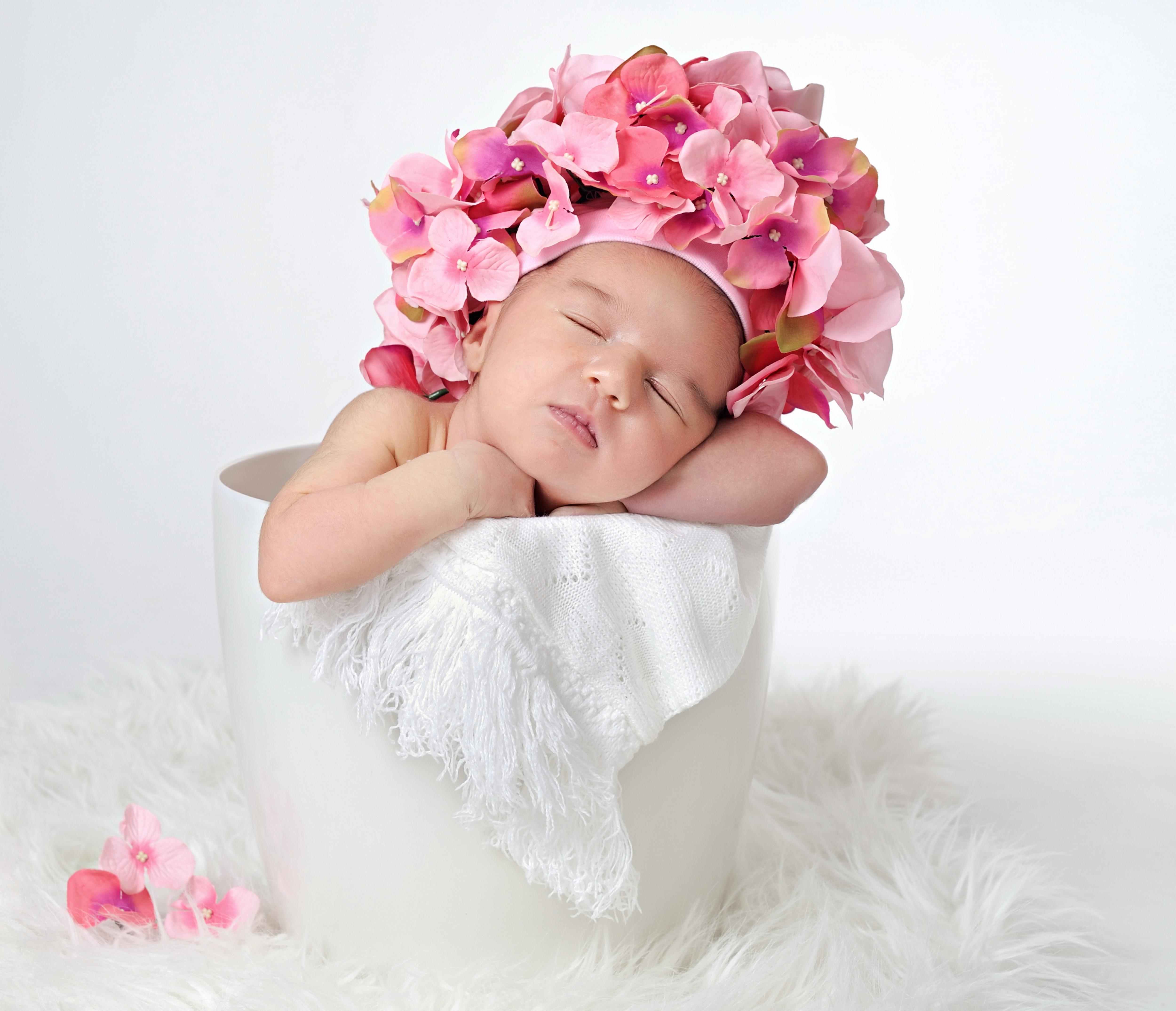 Infant sleeping in a bucket with flowers HD Wallpaper
