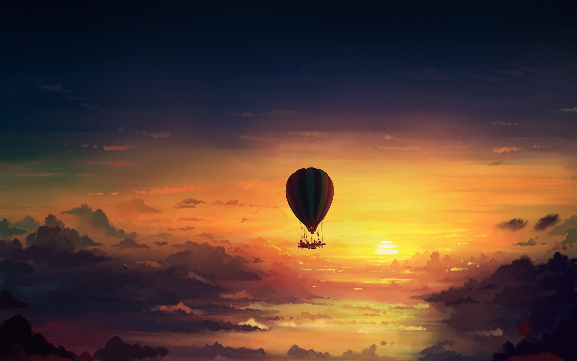 Hot air balloon flying over clouds at sunset HD Wallpaper