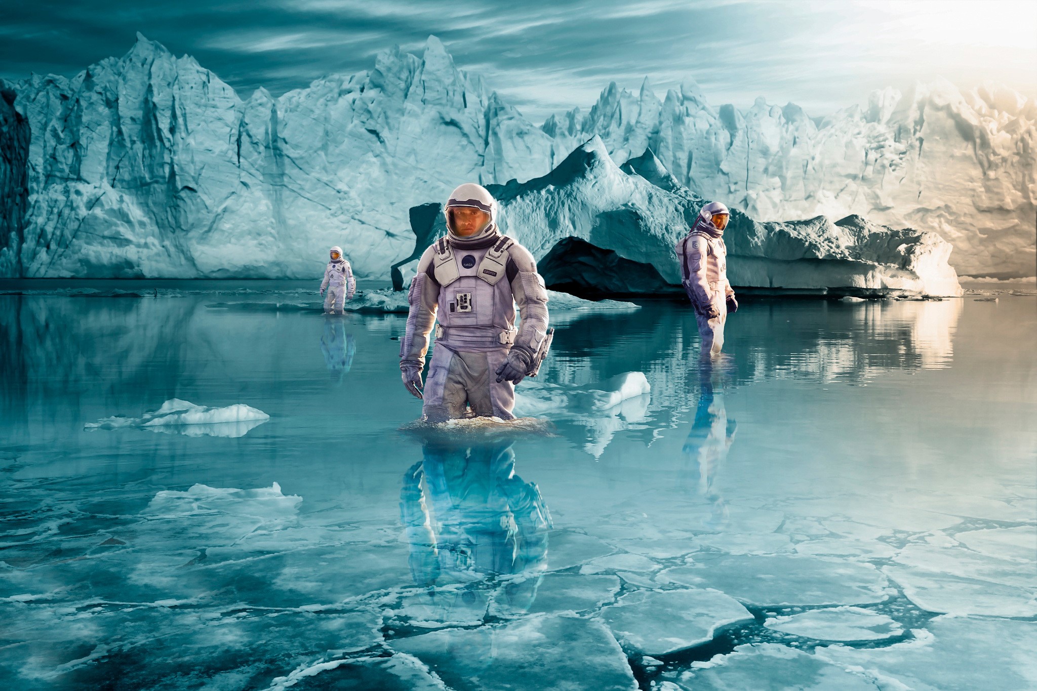 Astronauts in water with icebergs and mountains HD Wallpaper