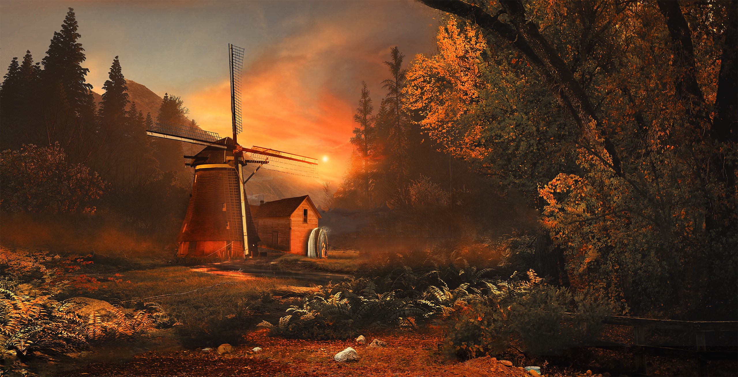 Windmill at sunset with trees and a small house HD Wallpaper