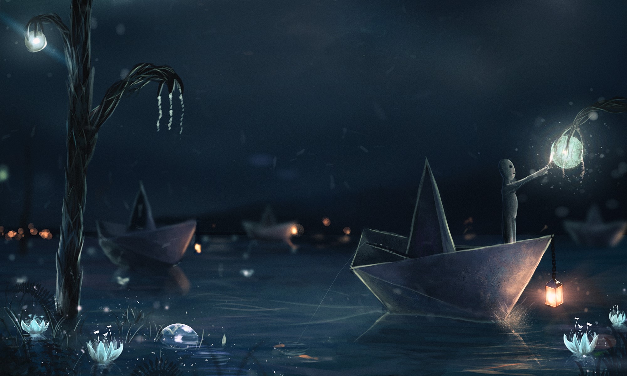 Paper boats with glowing lanterns on water at night HD Wallpaper