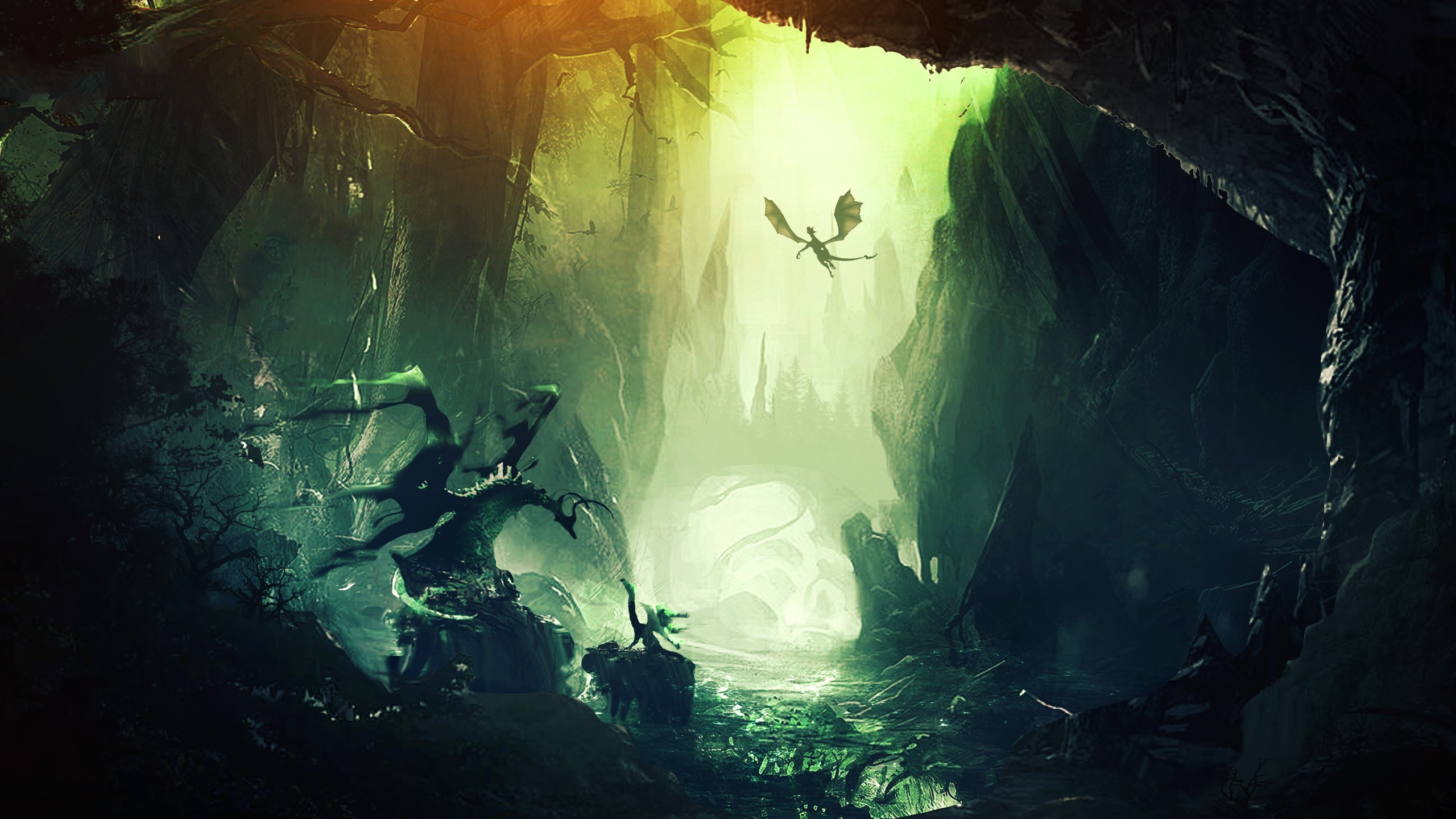 Dragon flying in a mystical cave HD Wallpaper