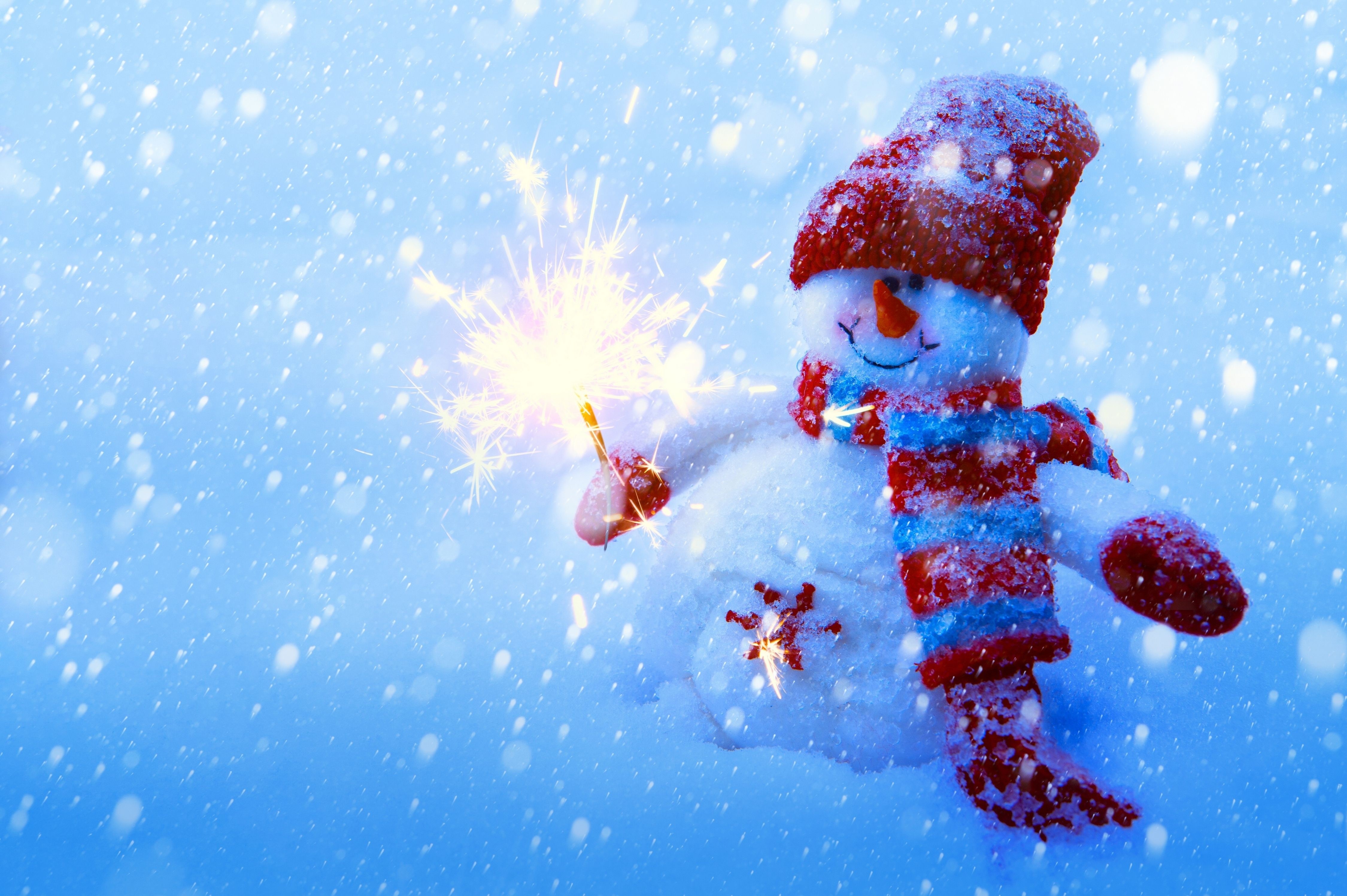 Snowman with Sparkler in Snow HD Wallpaper