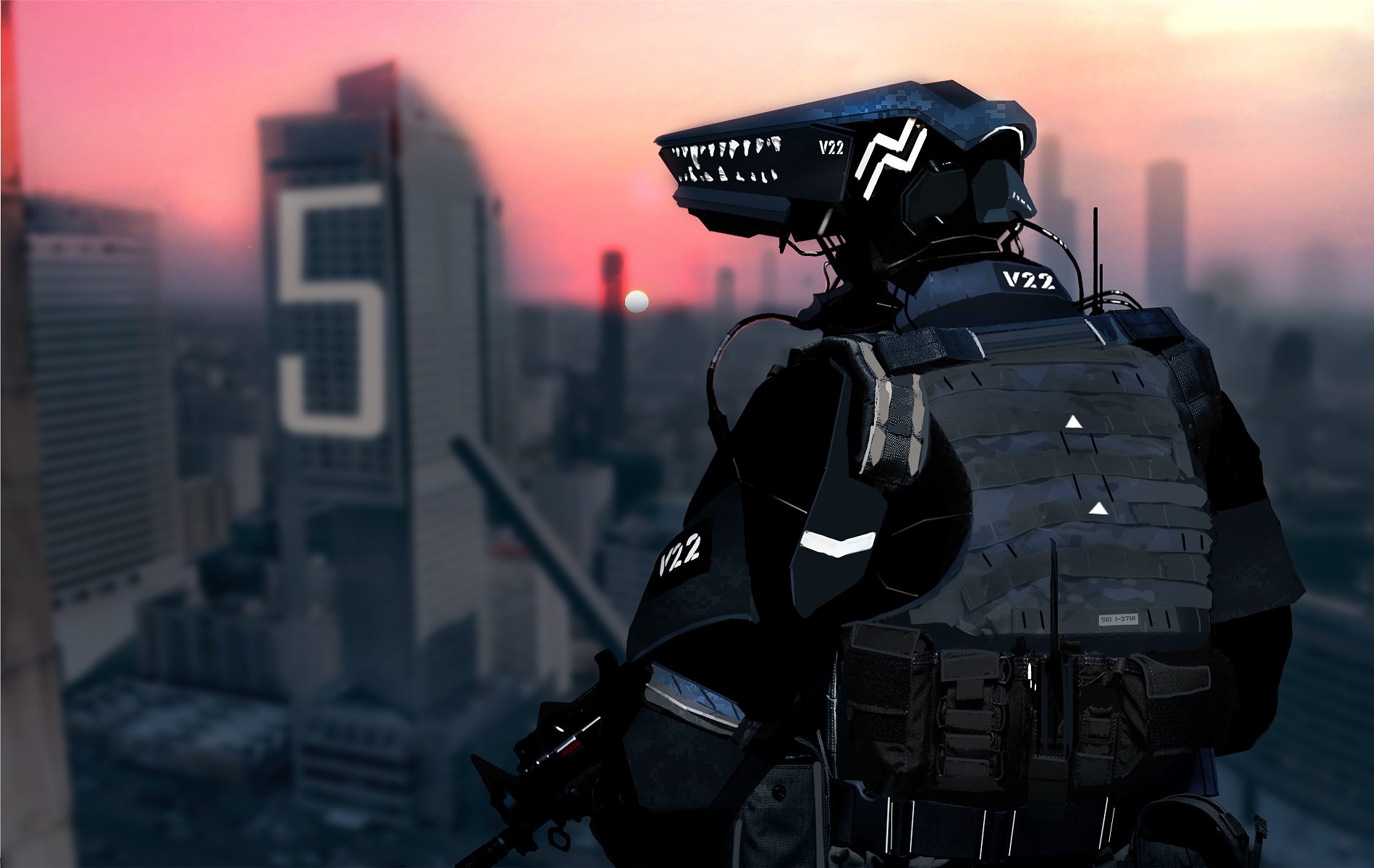Robot warrior in futuristic city at sunset HD Wallpaper