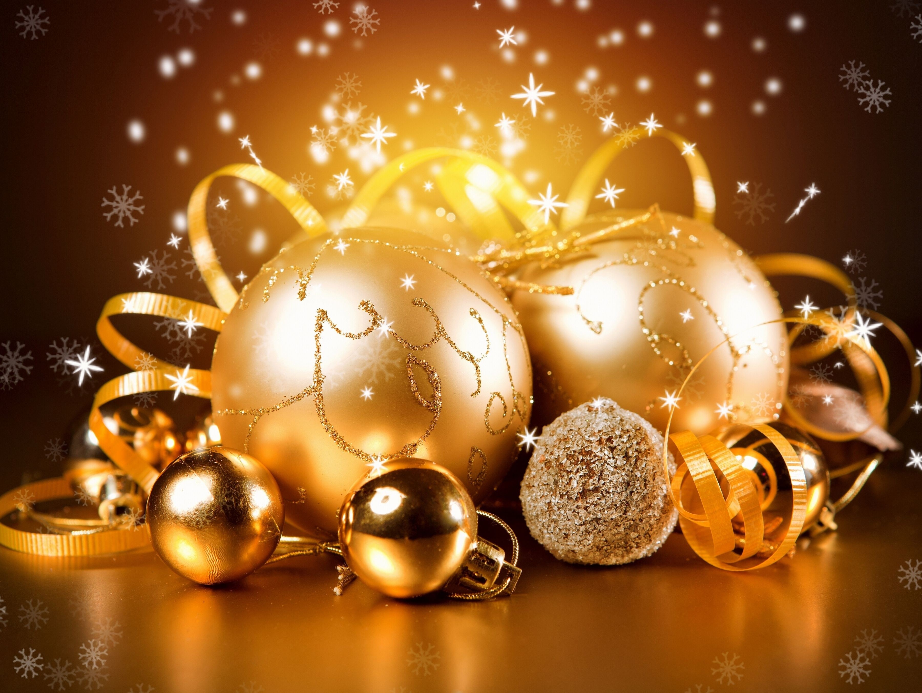 Golden Christmas ornaments with ribbons and snowflakes HD Wallpaper