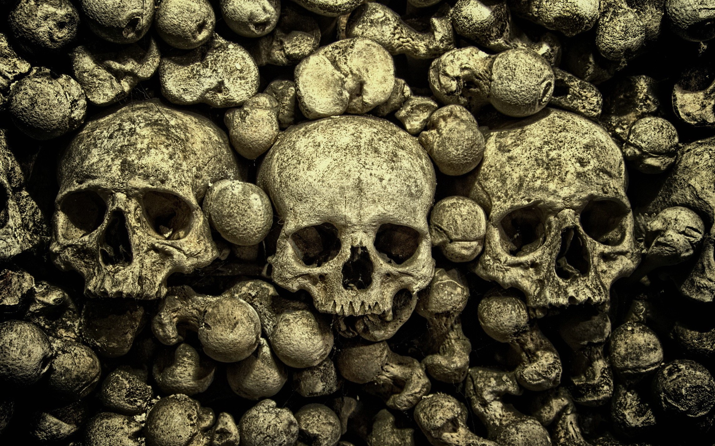 Three skulls and bones wall HD Wallpaper
