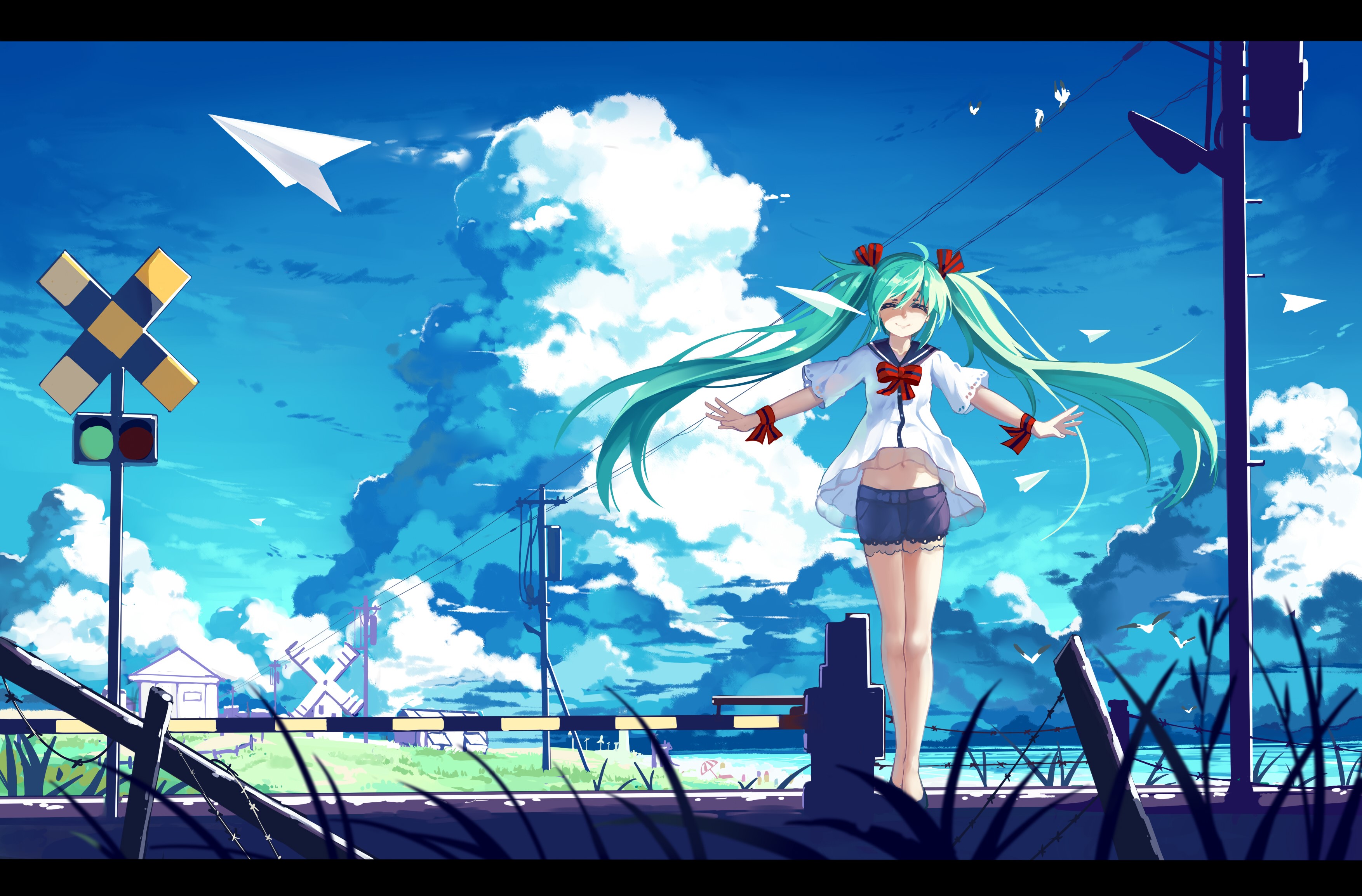Hatsune Miku at a Railroad Crossing HD Wallpaper