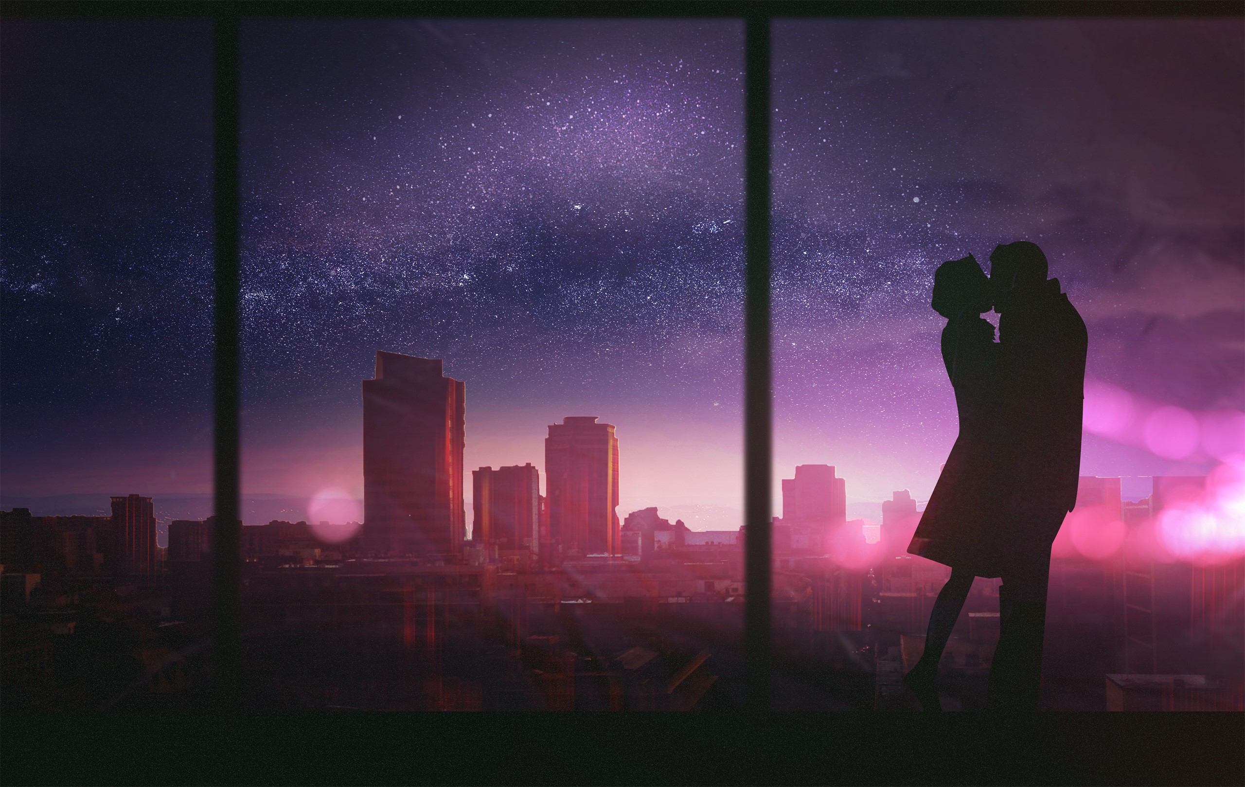 Couple kissing in front of a city skyline at night HD Wallpaper