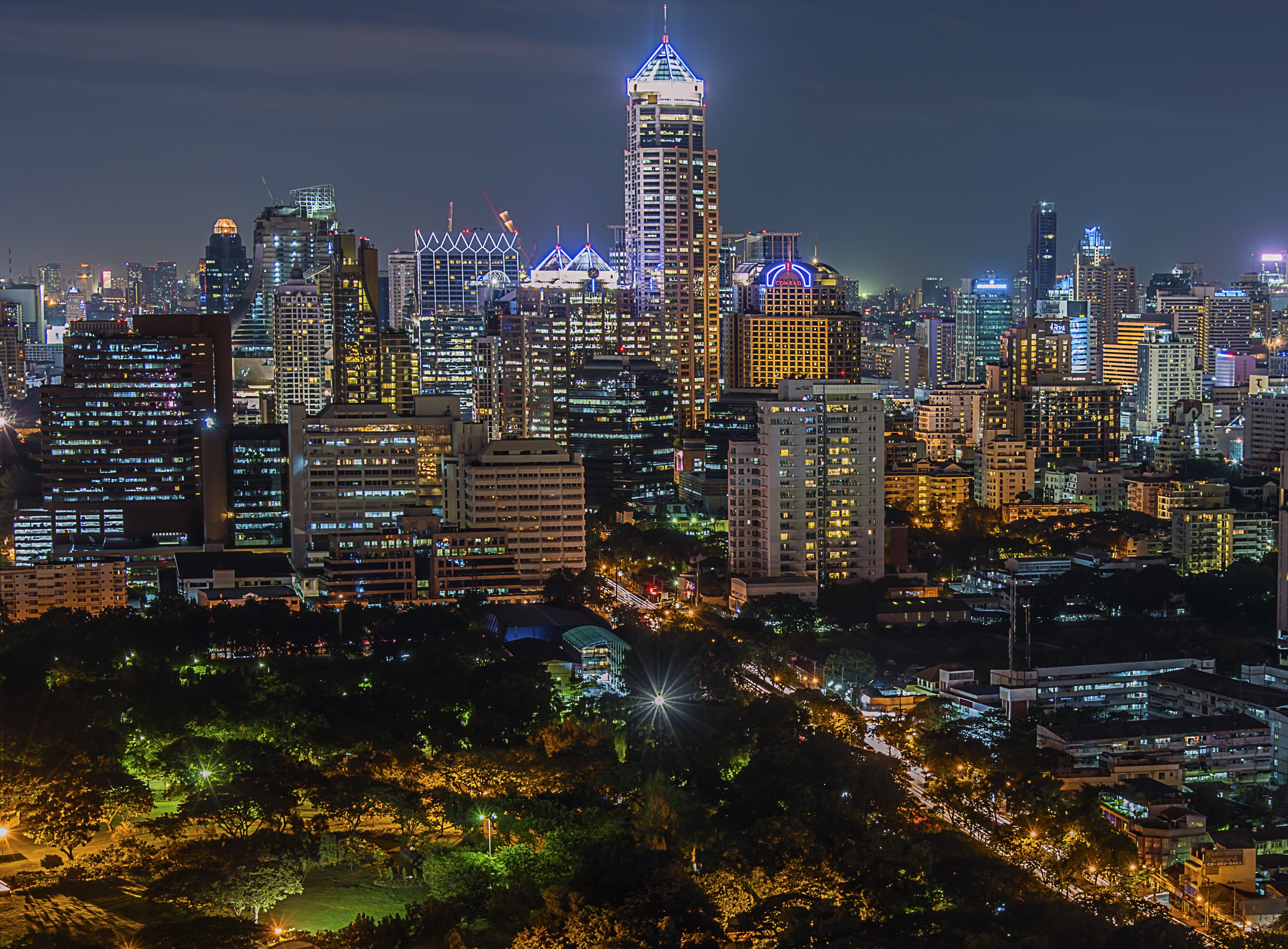 Bangkok cityscape at night with park in foreground HD Wallpaper