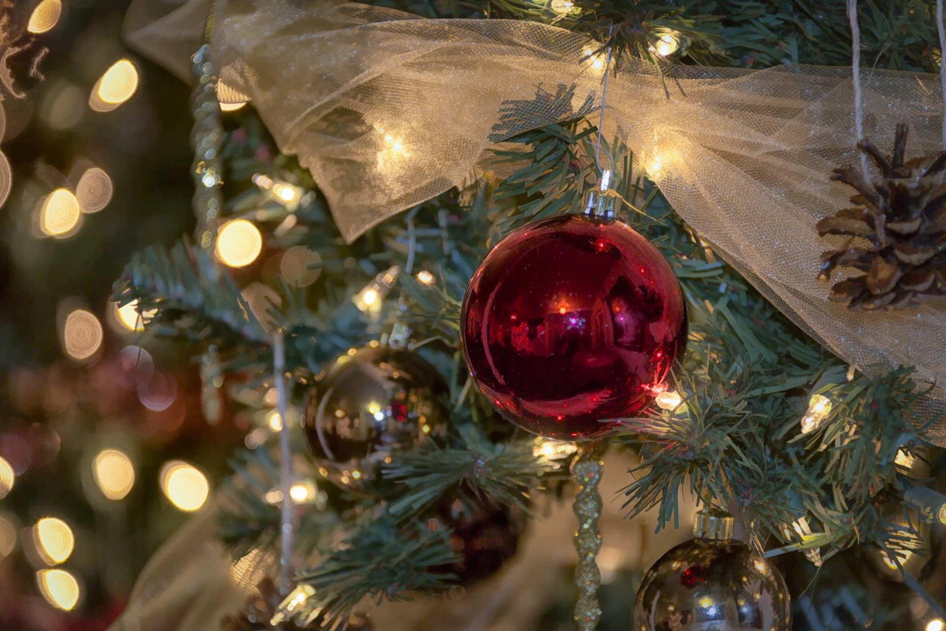 Christmas tree with ornaments and lights HD Wallpaper