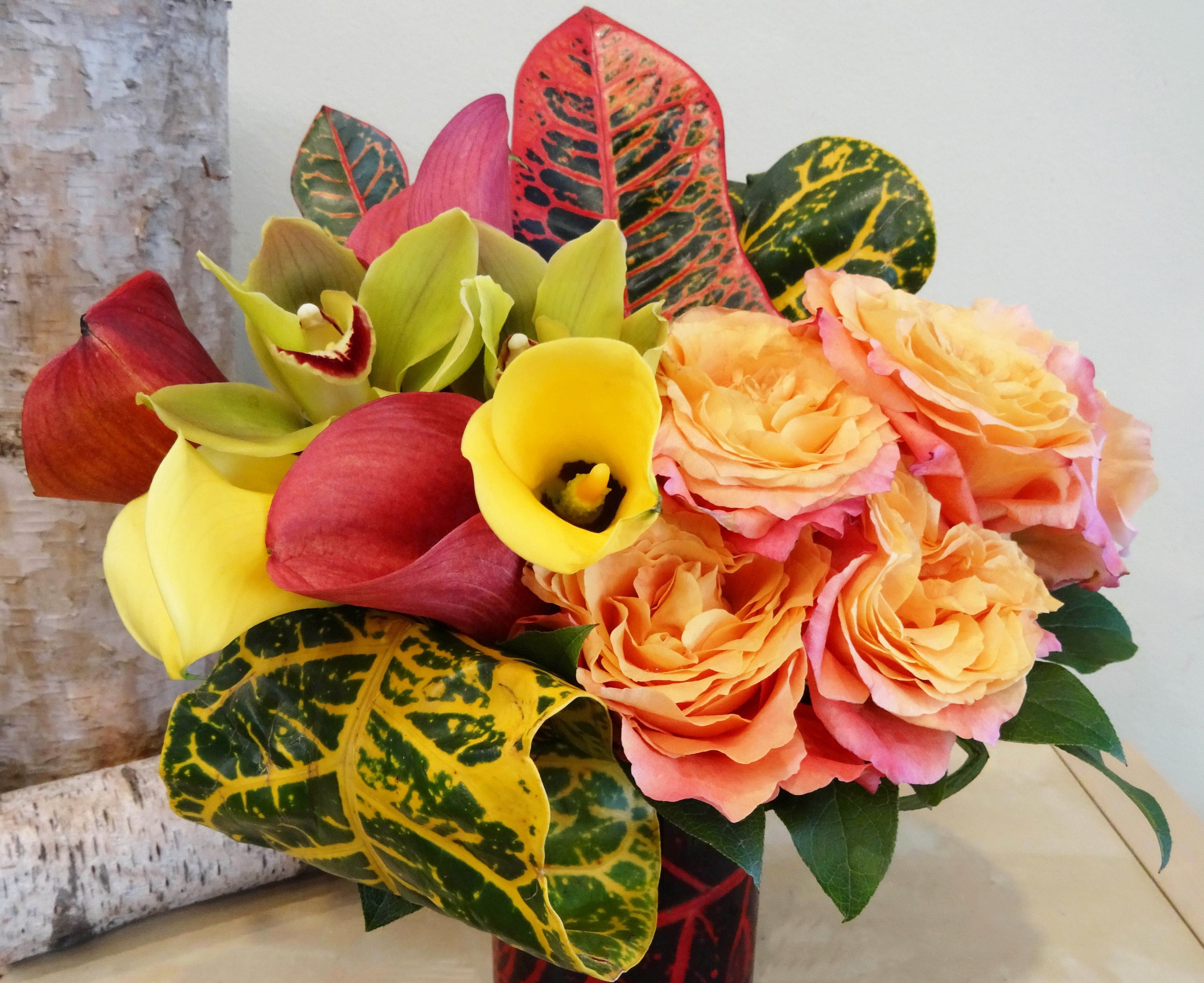 Tropical Flower Arrangement with Roses, Orchids, and Callas HD Wallpaper