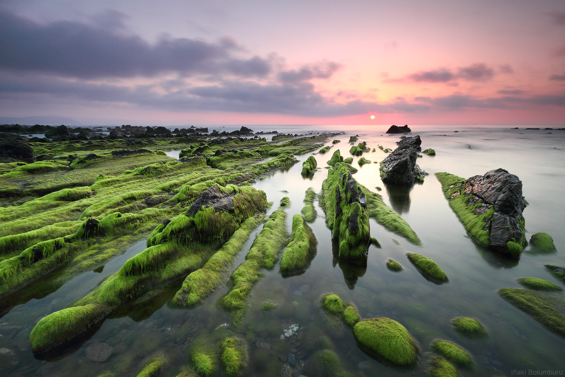 Mossy rocks on the coast of Barrika, Spain at sunset HD Wallpaper