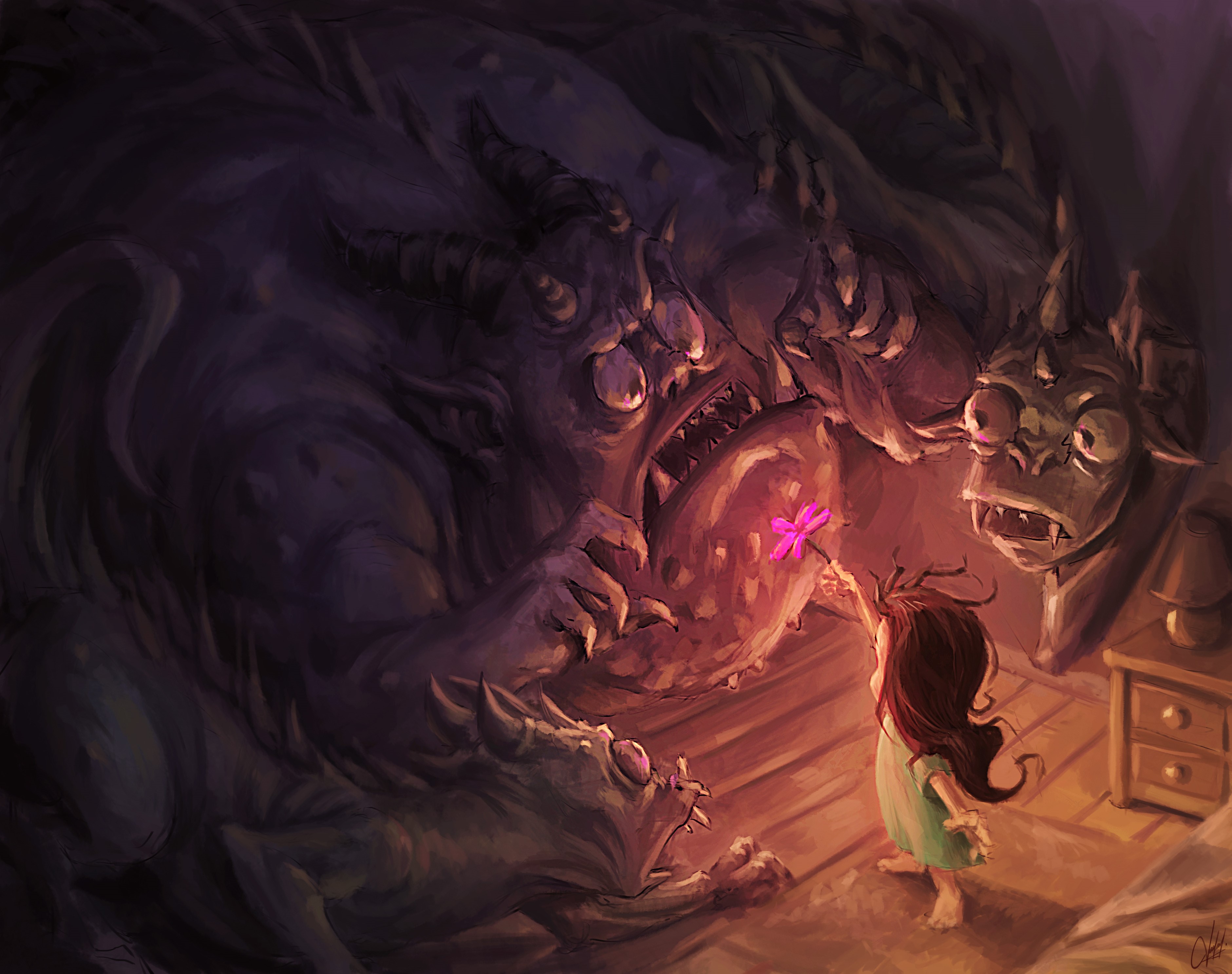 Girl offers flower to monsters in bedroom HD Wallpaper