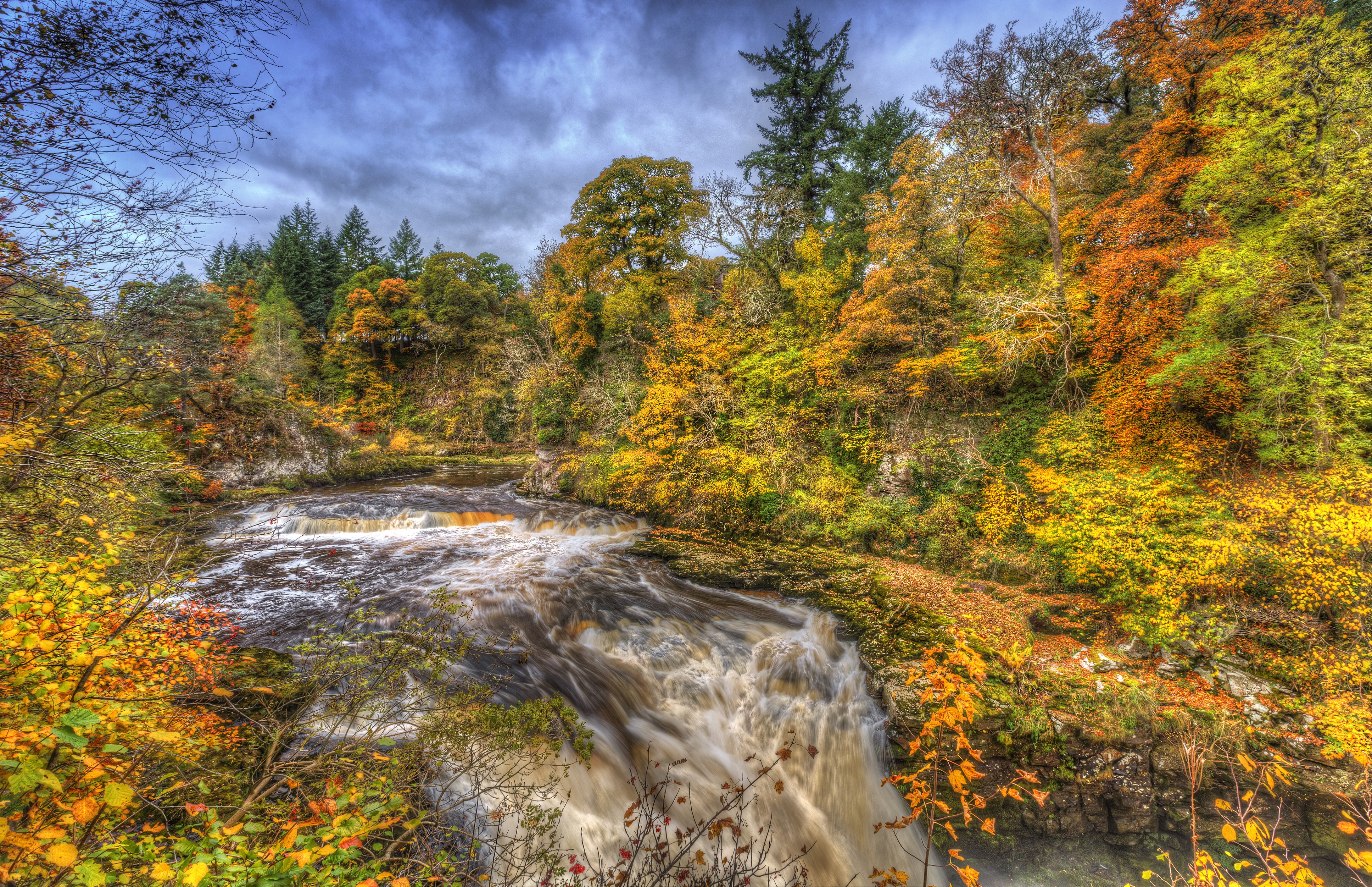4K Autumn Waterfall in Clyde Valley Woodlands, Scotland HD Wallpaper