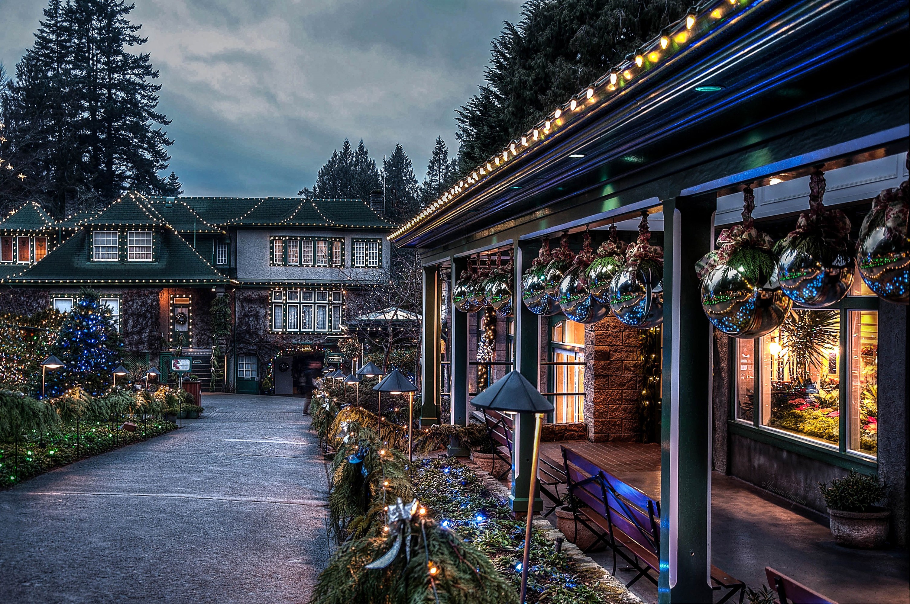 Butchart Gardens decorated for Christmas with fairy lights HD Wallpaper